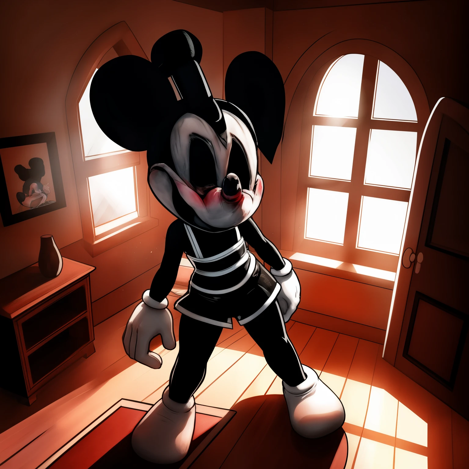 Mickey Mouse, big grey shorts with grey buttons, sailor captain hat, open smile, staring at the viewer, full body, black maid dress, white tiara, shy expression, expressive, blushing harder, dynamic angle, bedroom, window, sunrays, furniture, detailed art, intricate details