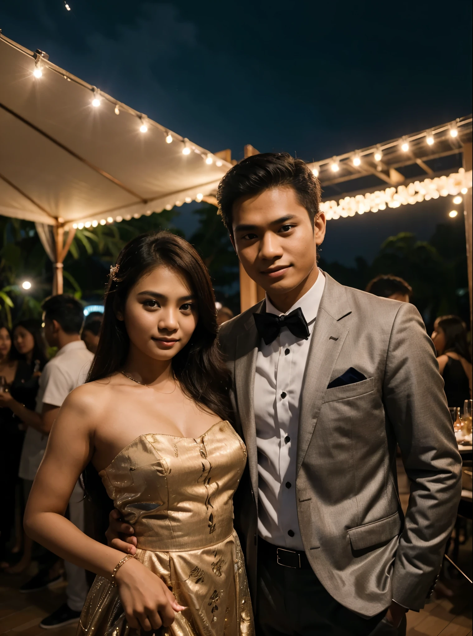 photo of a young couple from Indonesia in formal clothes taking a photo together at a party at night. photography, super detailed, realistic, ultra HD, 8K Resolution, facial details.
