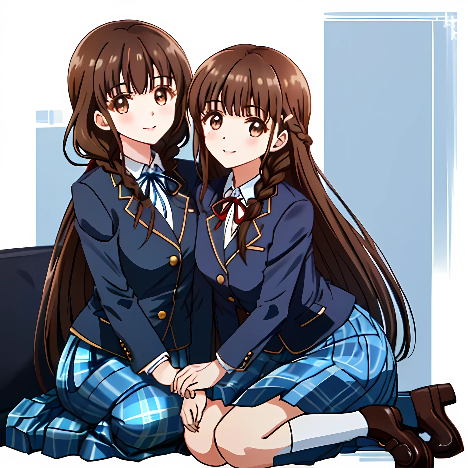 highest quality, (masterpiece:1.2), very detailed, A girl sitting looks at the viewer and smiles, Glossy lips that make you want to kiss, nice smile, big brown eyes, (((dark brown hair))), 15 years old, long braids, big shiny hair clip, school uniform, ((Light dark blue blazer with golden emblem on the left chest)), ((Big red school ribbon on the chest)), very shiny hair、laughter、bright look、Both face and hair catch the light and shine, The corners of the eyes are drooping, Cute braids, The expression of a maiden in love, (((twin braid hairstyle))), ((((Dark blue and navy tartan check mid-length skirt)))), A gentle and cute expression staring at the viewer, double eyelid, ((long eyelashes)), pure white background, round face, the skirt is very cute, brown leather shoes