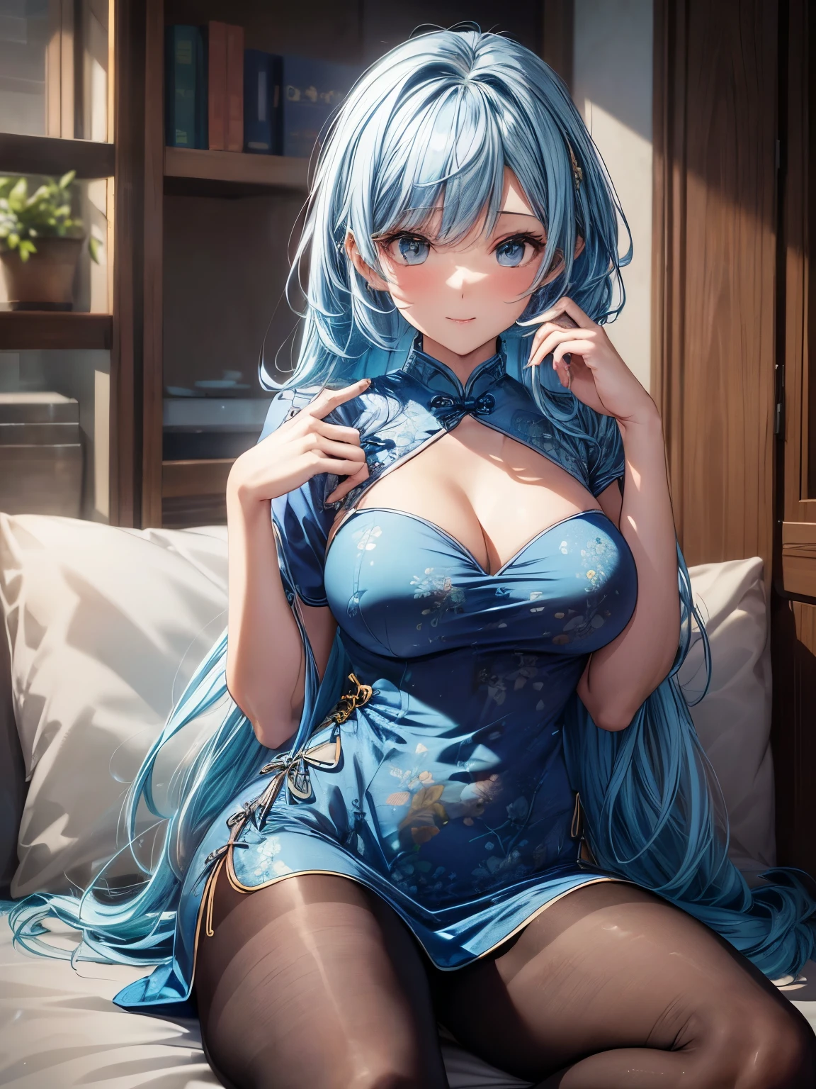 highest quality、All limbs、full finger、light blue hair woman、wavy hair woman、beautiful big breasted woman、Slender beauty、1 female、(((A woman wearing a blue short cheongsam dress:1.3))), golden pattern cheongsam、(((woman wearing brown pantyhose)))、big smile、sit