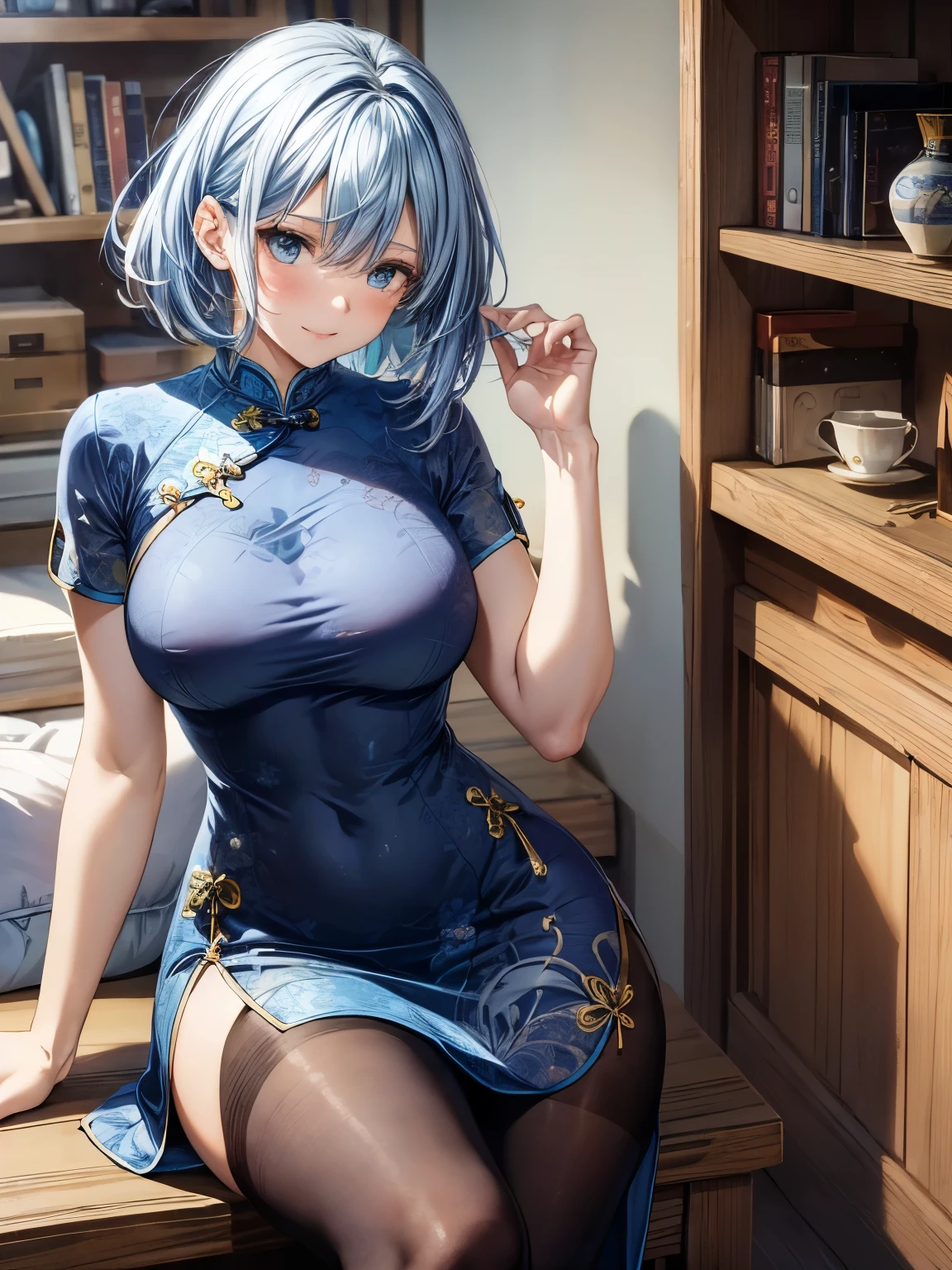 highest quality、All limbs、full finger、light blue hair woman、wavy hair woman、beautiful big breasted woman、Slender beauty、1 female、(((A woman wearing a blue short cheongsam dress:1.3))), golden pattern cheongsam、(((woman wearing brown pantyhose)))、big smile、sexy pose