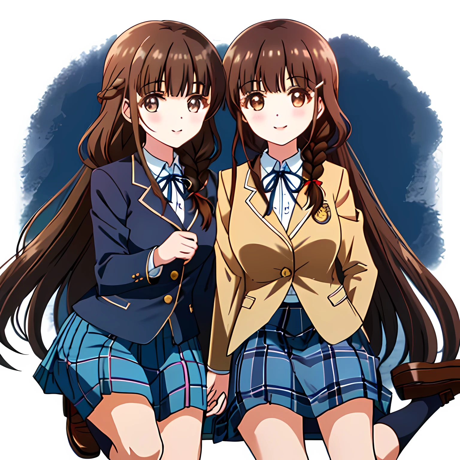highest quality, (masterpiece:1.2), very detailed, A girl sitting looks at the viewer and smiles, Glossy lips that make you want to kiss, nice smile, big brown eyes, (((dark brown hair))), 15 years old, long braids, big shiny hair clip, school uniform, ((Light dark blue blazer with golden emblem on the left chest)), ((Big red school ribbon on the chest)), very shiny hair、laughter、bright look、Both face and hair catch the light and shine, The corners of the eyes are drooping, Cute braids, The expression of a maiden in love, (((twin braid hairstyle))), ((((Dark blue and navy tartan check mid-length skirt)))), A gentle and cute expression staring at the viewer, double eyelid, ((long eyelashes)), pure white background, round face, the skirt is very cute, brown leather shoes