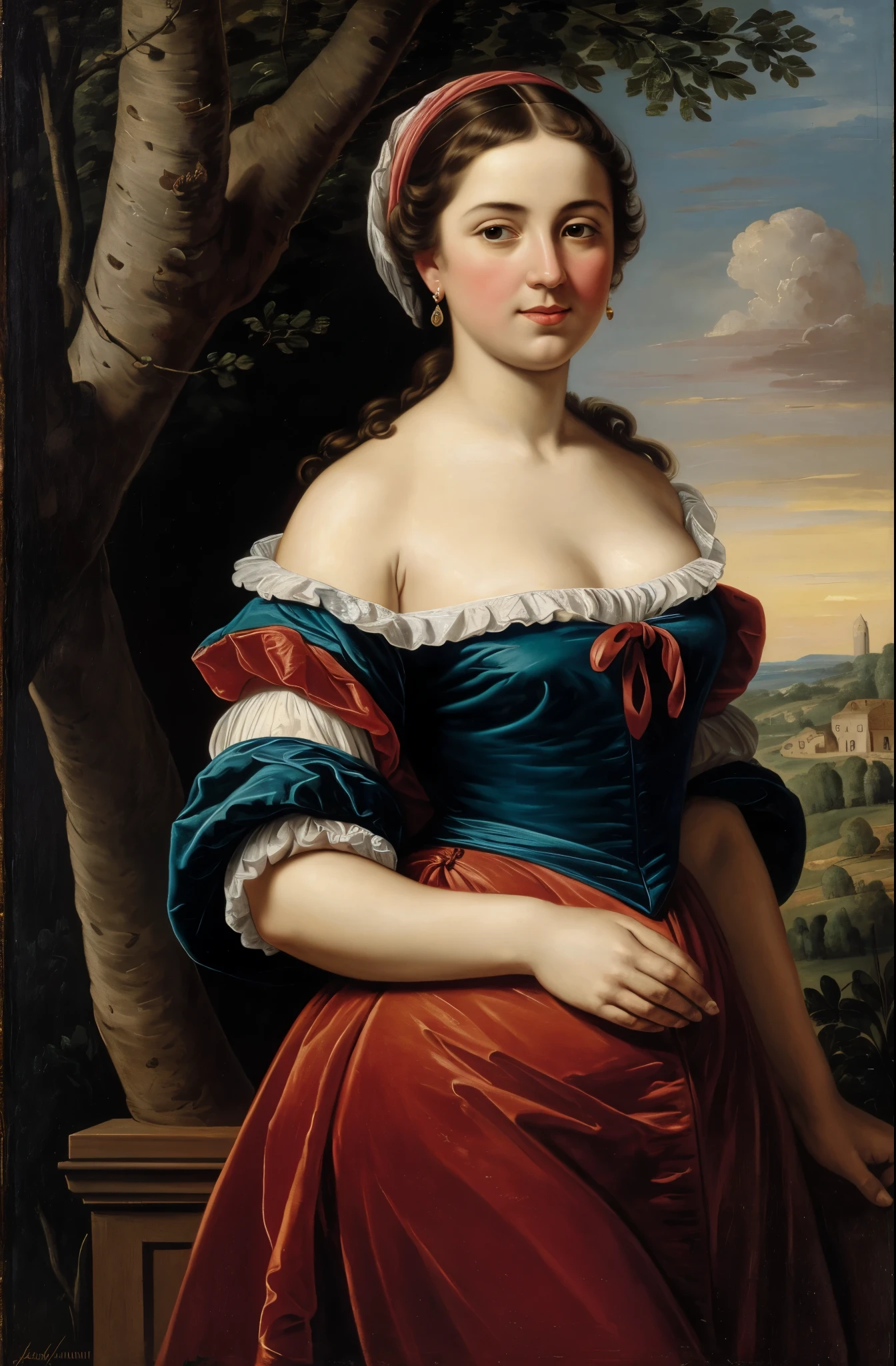(front, solo portrait): 1 Cute young 35 years old girl , thick healthy figure, (in the style of José de Ribera, Kavarajism), [Background: landscape nature France(in the scarlet sunset)  in the style of Francois Boucher], baroque, mist, very colorful, ((Palette / palette knife, oil painted)), style, teal, ((tmasterpiece)), Single Shot, Impression ,extreme hight detail, perspective, 8K