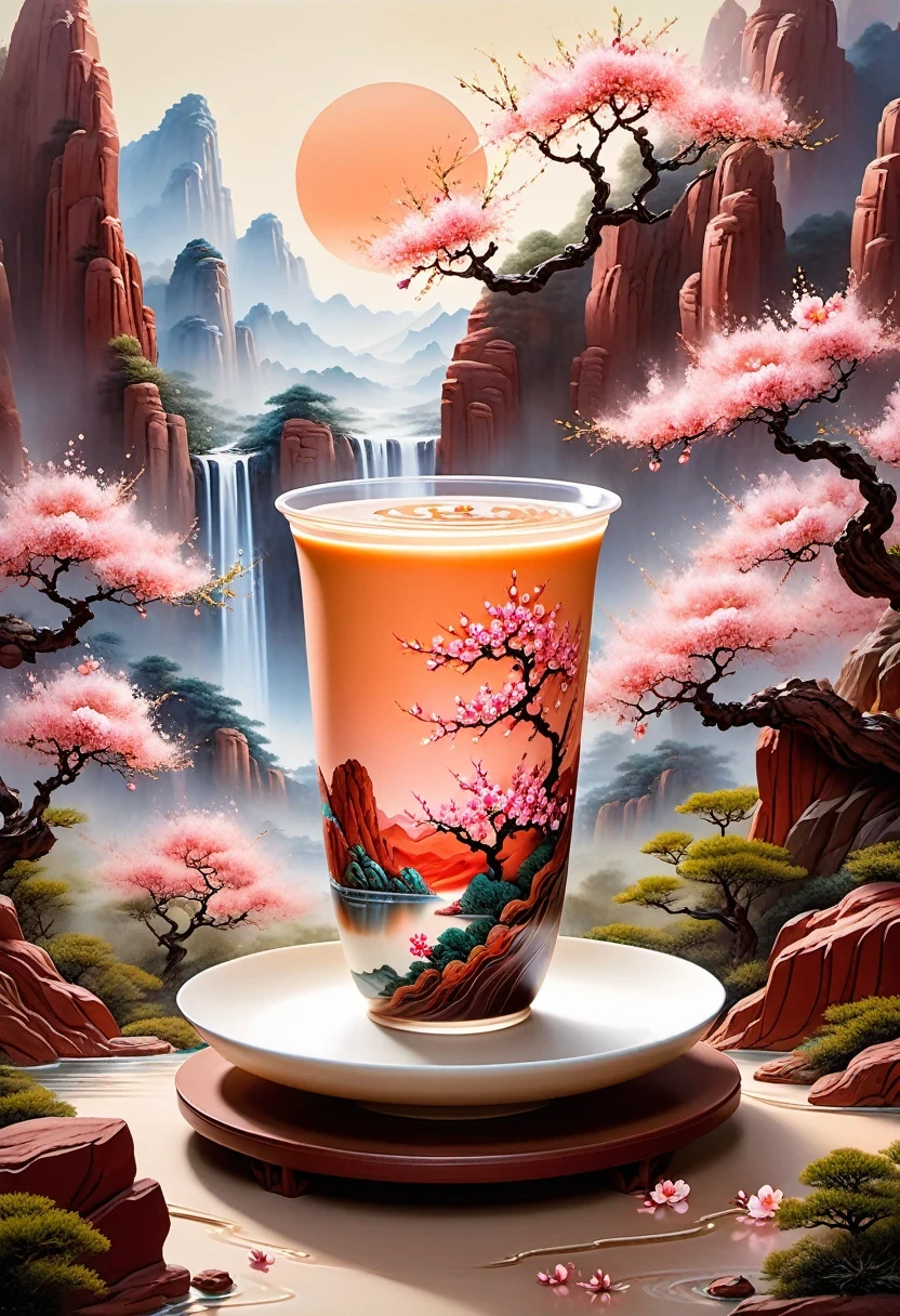 (masterpiece, high quality, best quality, official art, Beauty and Aesthetics: 1.2), milk tea cup, Surrounded by red rocks, splash spray, (Chinese landscape paper sculpture, Chinese Song Dynasty landscape painting: 1.2), (Surreal dream style), Creamy organic liquid, light tracing, environmental shielding, hazy, Natural light, limestone, gel resin sheet, OC rendering, (Peach blossom forest background: 1.4),