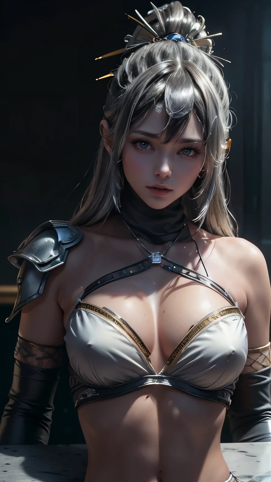 of the highest quality, dessus de la table, ultra haute résolution, (Photorealistic: 1.4), Photo brute, 1 fille cyberpunk, Cheveux noirs, Peau brillante, 1 mechanical girl, (super realistic details)), tout le corps, Illumination globale, Contrast, shady, rendu d'octane, 8K, ultra-tranchant, Exposed neckline, Peau crue, metals, Intricate decoration details, Japan Details, very complex and detailed, Realistic light, Tendances en CG, facing the camera, neon details, mechanical limbs, blood vessels connected to tubes, mechanical vertebrae attached to the back, Mechanical cervical attachment to the neck, Head connection wires and cables, Gundam, petites lampes LED.、Silver hair、Pupilles parfaitement rondes、Huge Irisディテール, slight smile, pose sexy
