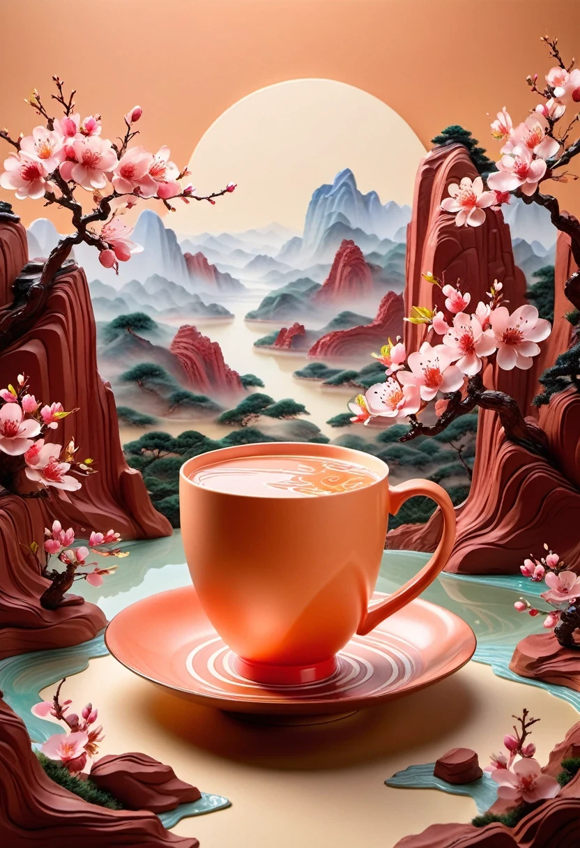 (masterpiece, high quality, best quality, official art, Beauty and Aesthetics: 1.2), milk tea cup, Surrounded by red rocks, splash spray, (Chinese landscape paper sculpture, Chinese Song Dynasty landscape painting: 1.2), (Surreal dream style), Creamy organic liquid, light tracing, environmental shielding, hazy, Natural light, limestone, gel resin sheet, OC rendering, (Peach blossom forest background: 1.4),