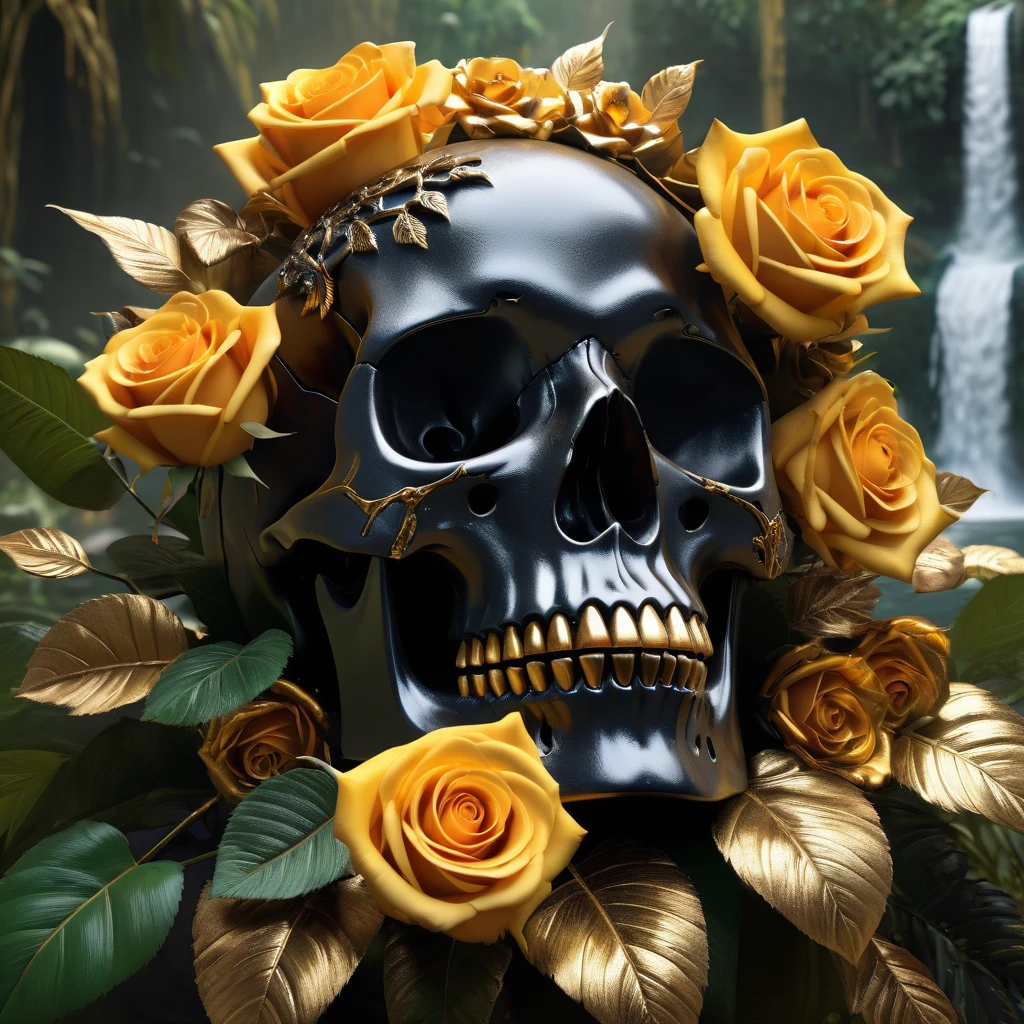 (Best Quality,8K resolution,High resolution,masutepiece:1.2),Ultra-detailed,Realistic black-gold Skull,detailed ,Bouquet of roses,jungle background with waterfall,melancholy lighting,Horror-themed,Solid color palette