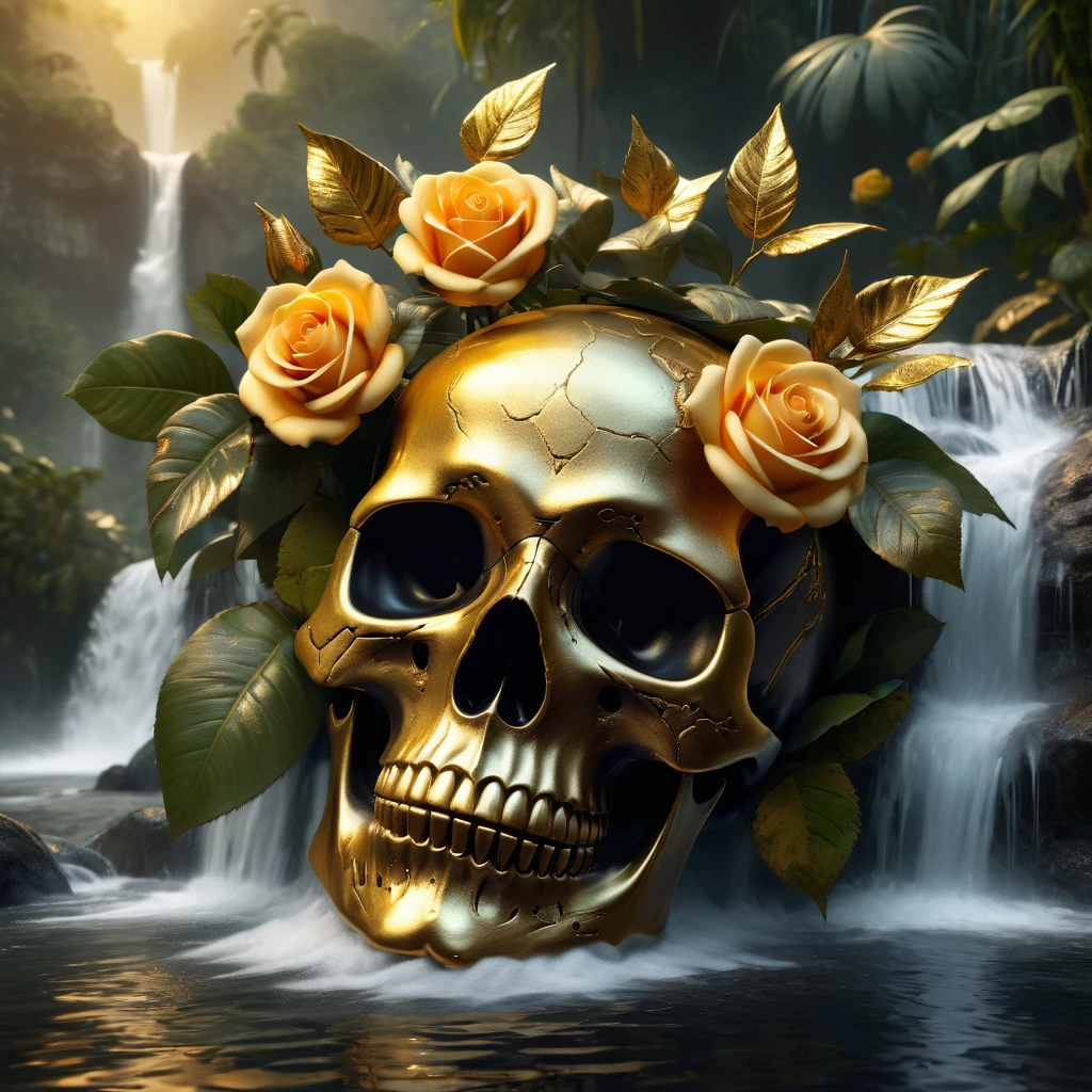 (Best Quality,8K resolution,High resolution,masutepiece:1.2),Ultra-detailed,Realistic black-gold Skull,detailed ??????,Bouquet of roses,jungle background with waterfall,melancholy lighting,Horror-themed,Solid color palette