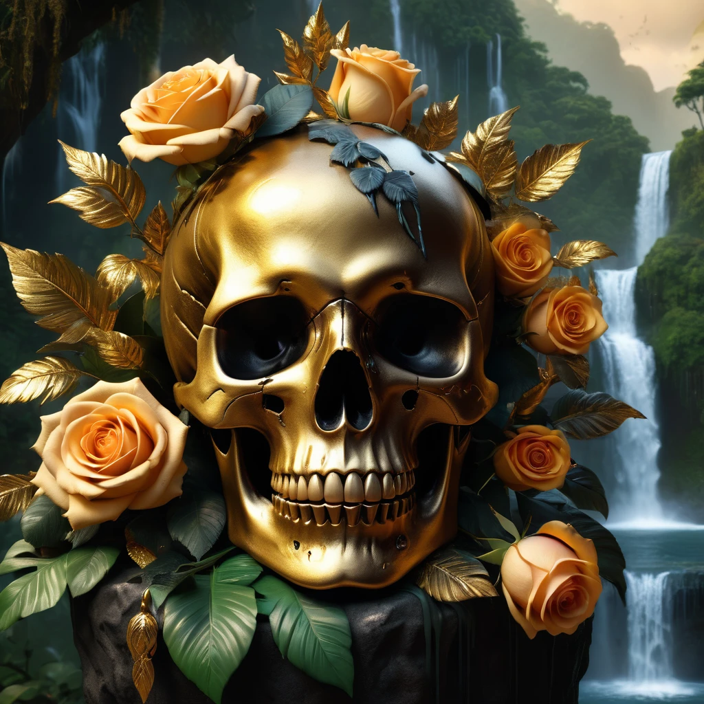 (Best Quality,8K resolution,High resolution,masutepiece:1.2),Ultra-detailed,Realistic black-gold Skull,detailed corpse,Bouquet of roses,jungle background with waterfall,melancholy lighting,Horror-themed,Solid color palette