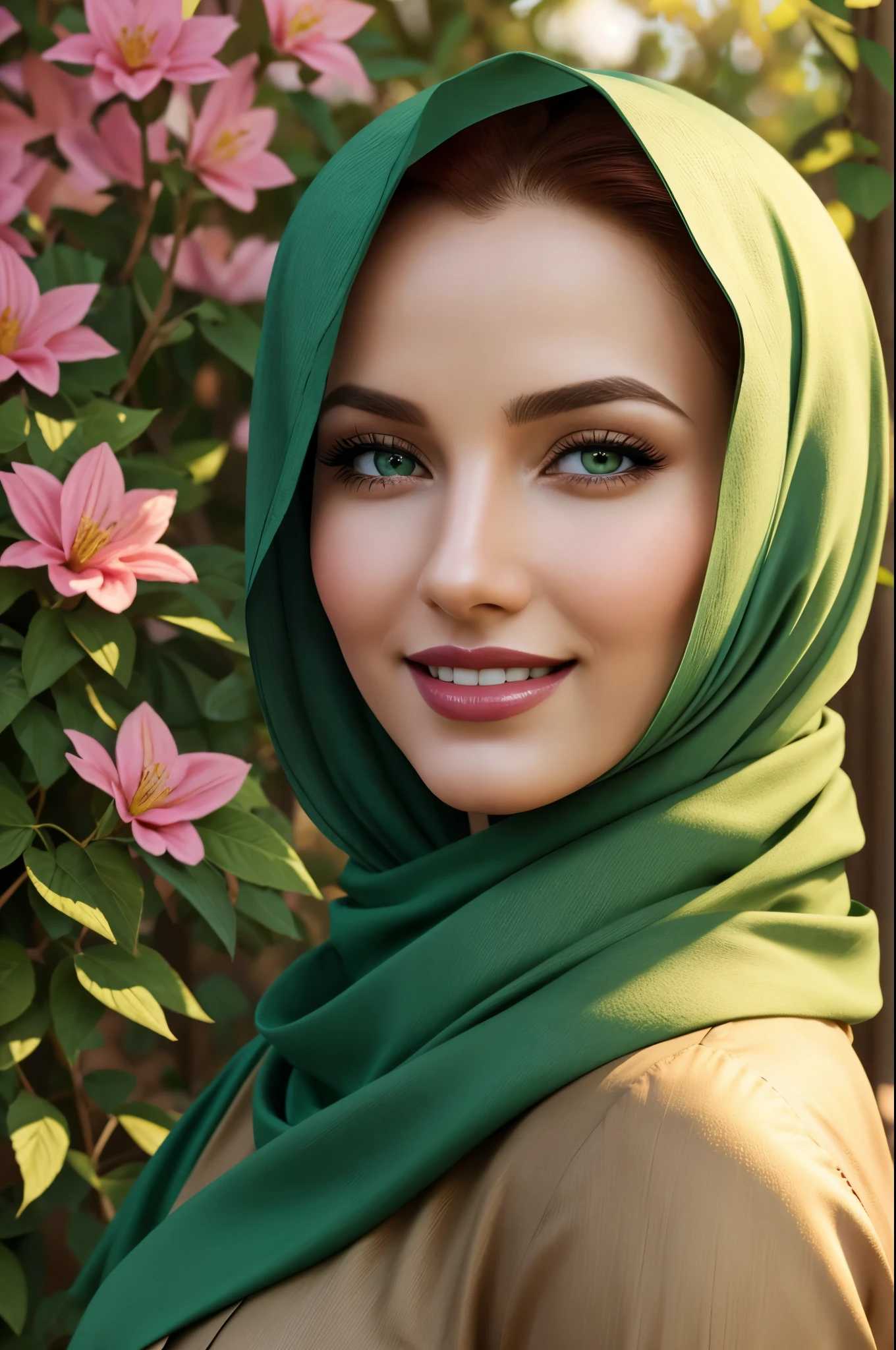 Triss Merigold face, detailed beautiful eyes, full red lips, extremely detailed facial features, long eyelashes, outdoor sunny day, warm sunlight, soft shadows, picturesque garden, vibrant plants and flowers, colorful butterflies, tranquil atmosphere, realistic portrait, high-resolution masterpiece:1.2, vivid colors, fine brushstrokes, natural skin tones, pink lips, green eyes,warm smile, wearing islamic hijab, radiant complexion, professional lighting, wearing long shirt with scarf, dreamy ambiance, photorealistic rendering.
