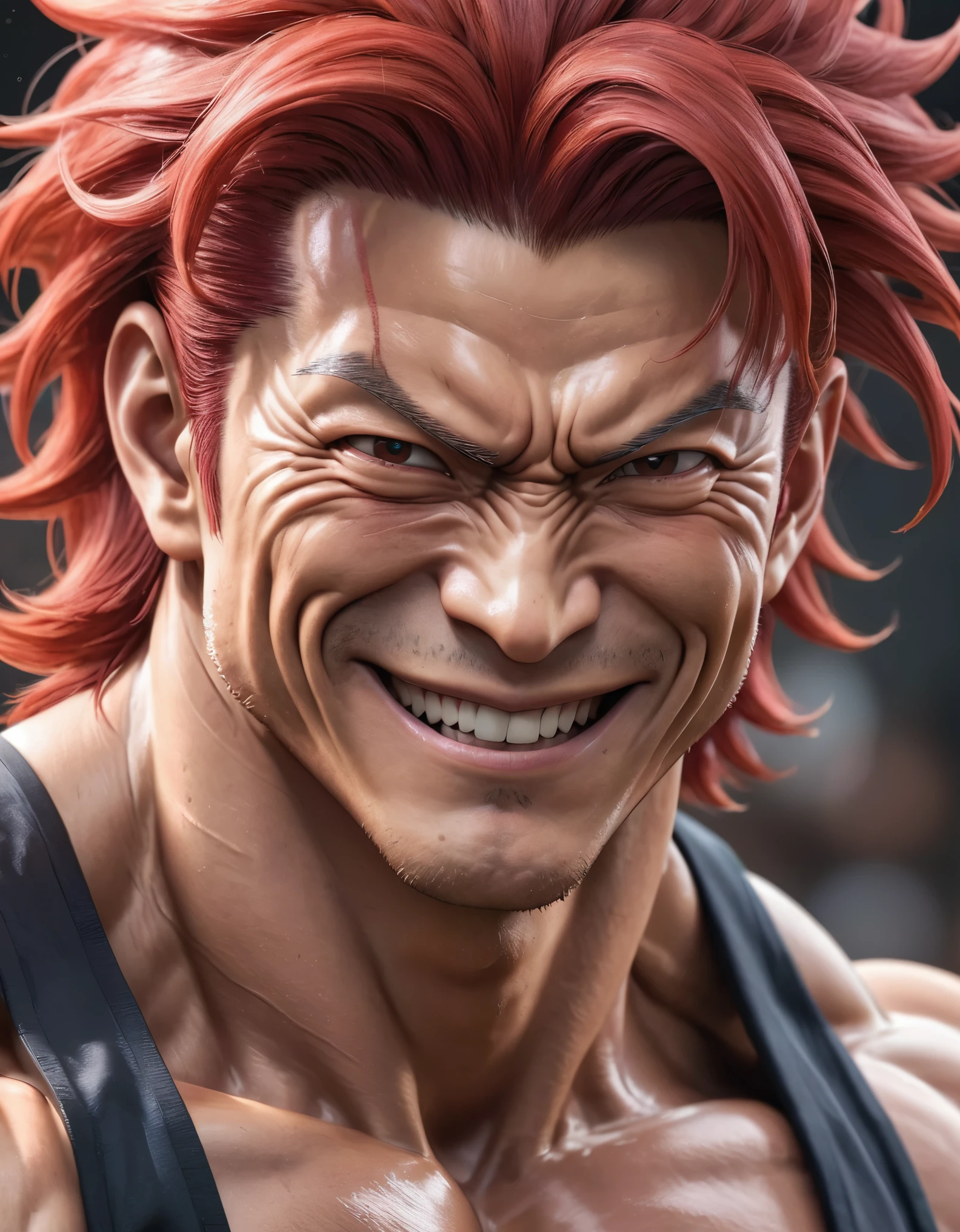 "(best quality,8K,ultra-detailed,realistic:1.2),portrait,Yujiro Hanma,serene smile,detailed red hair,muscular body,tough expression,intimidating presence,powerful stance,showcasing his immense strength"