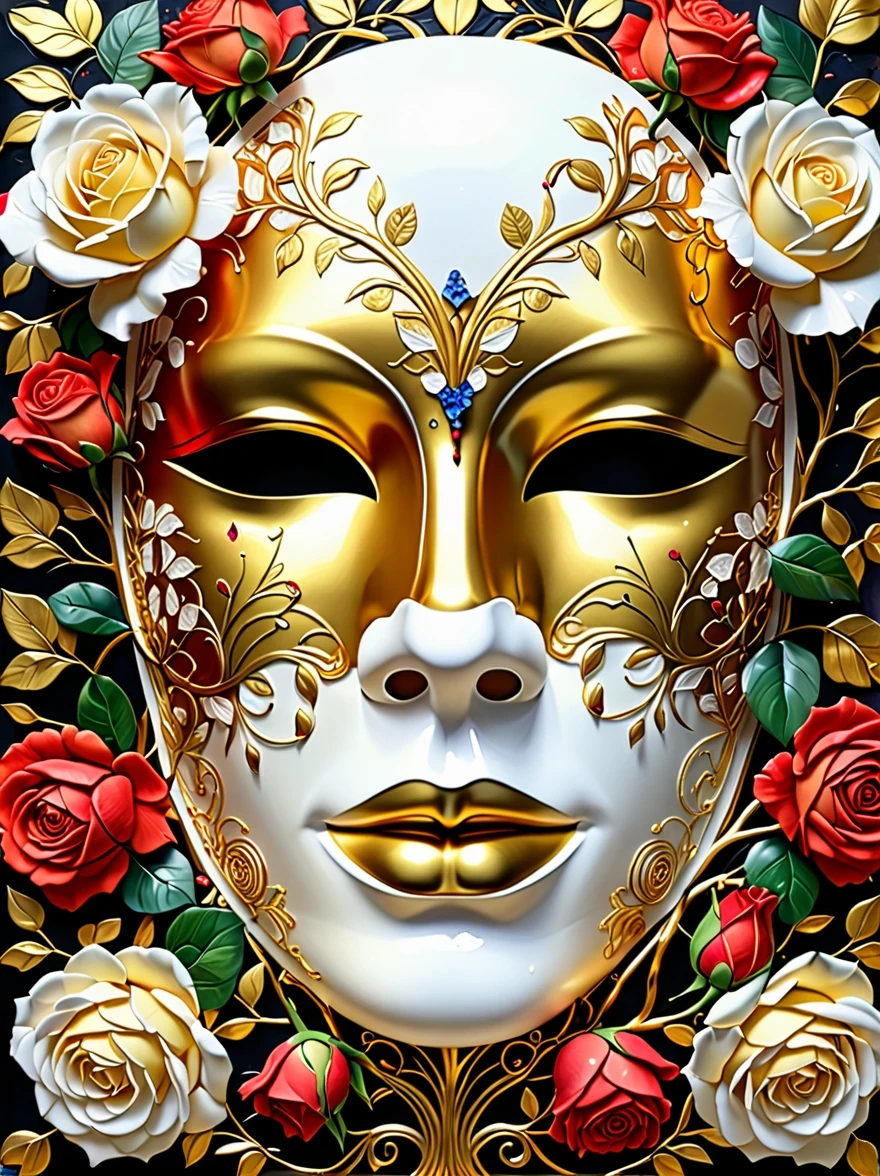 (best quality,4k,masterpiece:1.2),super detailed,lifelike:1.37,beautiful symmetrical mask,Apply with thick brush strokes and wet paint, Proportions of gold, melted wax |, visible strokes, rose symmetry mask,White mask surrounded by roses, Mosaic wireframe 3d, neuroimaging, Neurons, The Tree of Life, rape, like, enthusiasm, oil painting on canvas, thick strokes, Very detailed, 8K Ultra HD, masterpiece, art station, surreal,symmetry art