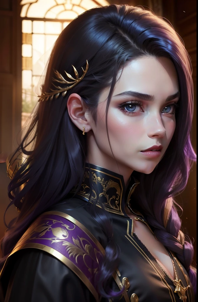 (8K,Photorealistic Fotografia bruta maximum quality;1.4) (1 ) Super lindo(Rosto realista) (Cabelos roxos de pelo curto) corpo esguio Musculoso e machista Black and purple aristocratic costume with big golden eyes Golden decoration Presas espreitando para fora da boca Garras pontiagudas Um olhar sedutor Beautiful expression Um hiper-realista (Rei do Submundo) atraente (real looking skin) Super high resolution alto detalhe Luxurious black and purple pants Imperador Super Bonito