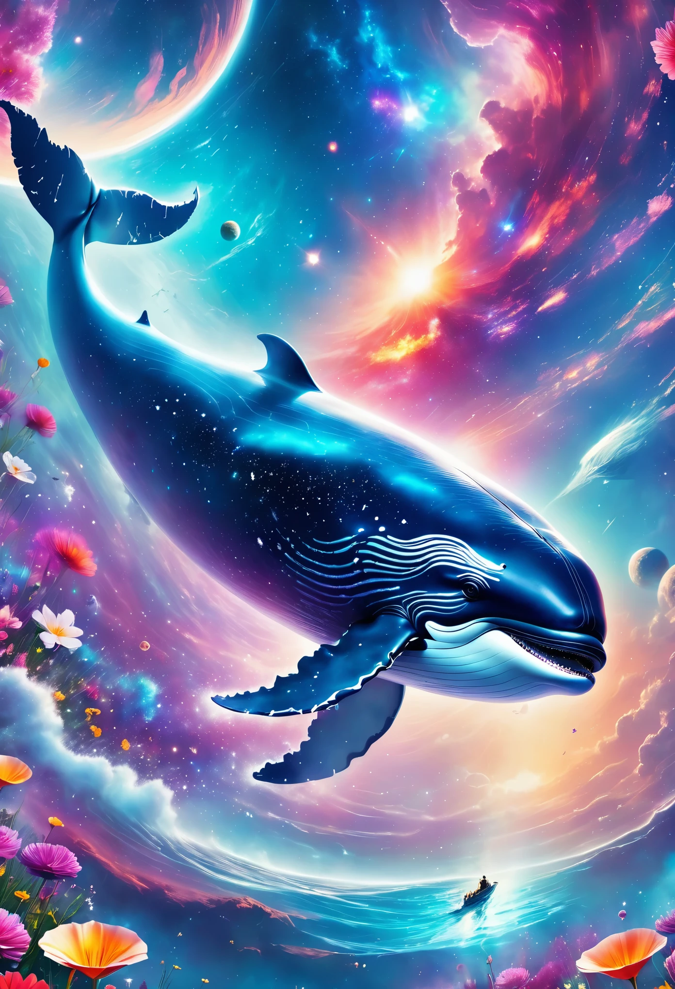 Infinite Dreamlike Illustration of a Gigantic Translucent Whale Gliding through the Vast Expanse of Space, Surrounded by a Nebula Galaxy and a Beautiful Asteroid Belt. (best quality,4k,8k,highres,masterpiece:1.2),ultra-detailed,(realistic,photorealistic,photo-realistic:1.37), ethereal lighting, vibrant colors, celestial creatures, glowing body, ethereal atmosphere, graceful movement, serene and peaceful.flowers