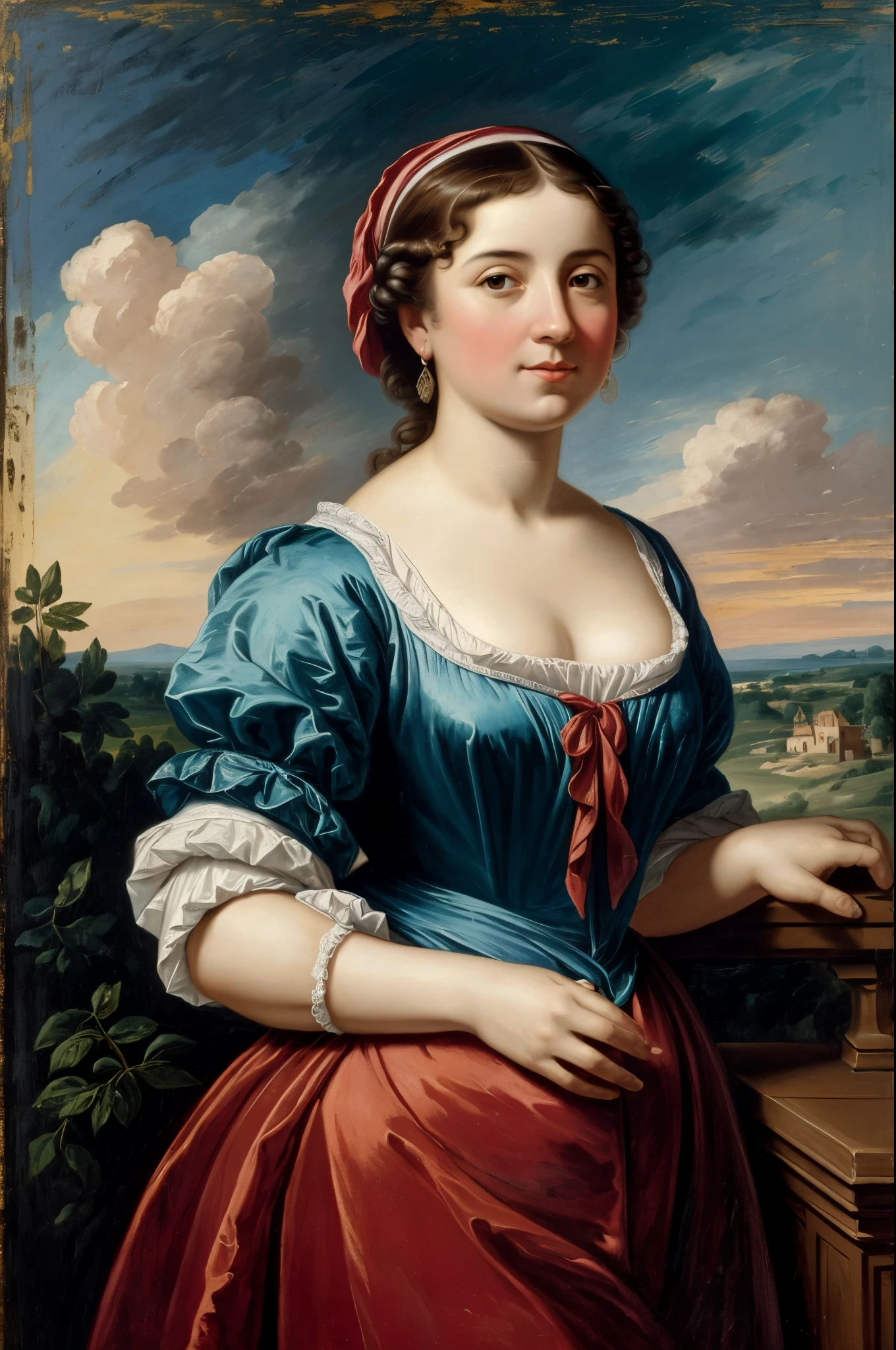 (front, solo portrait): 1 Cute young 35 years old girl , thick healthy figure, (in the style of José de Ribera, Kavarajism), [Background: landscape nature France(in the scarlet sunset)  in the style of Francois Boucher], baroque, mist, very colorful, ((Palette / palette knife, oil painted)), style, teal, ((tmasterpiece)), Single Shot, Impression ,extreme hight detail, perspective, 8K