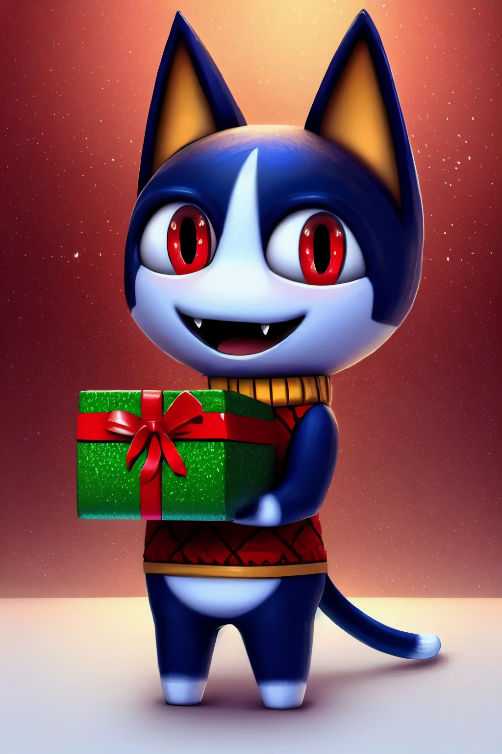 1boy, solo, dark, night, male_focus, christmas, holidays, bad-image-v2-39000, 4k, 8k, detailed, photorealistic, hyperrealistic, intricate, work of art, illustration, digital art, masterpiece, best quality, anthro, furry, standing, looking at viewer, smile, open mouth, happy, cat, sweater:1.4, vest, tail, sleeveless, fangs, chibi, no nose, noseless, cute, adorable, abstract, holding present, holding gift