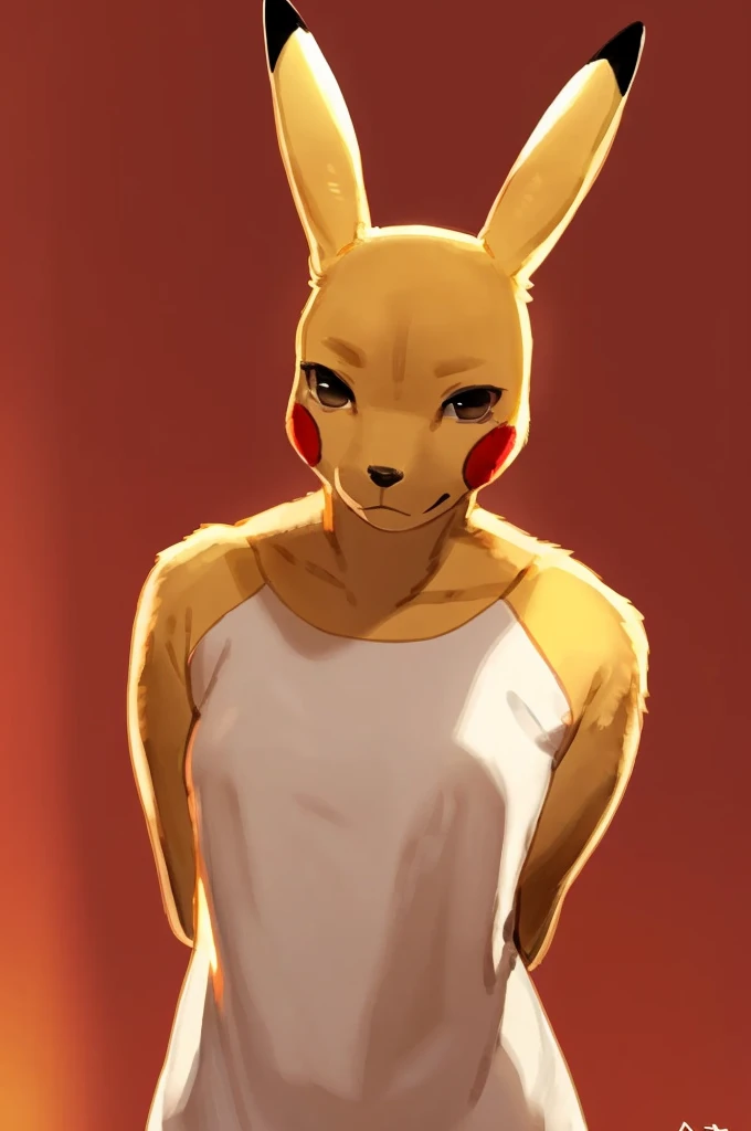 furry,anthro,female,e621, Pikachu,small curves,front view,small ass,hands behind back,small breasts,simple image background,by bebebebebe,by buta99,by inu-sama(best quality,4k,8k,highres,masterpiece:1.2),ultra-detailed,(realistic,photorealistic,photo-realistic:1.37),vivid colors,portraits,soft and warm colors,warm lighting