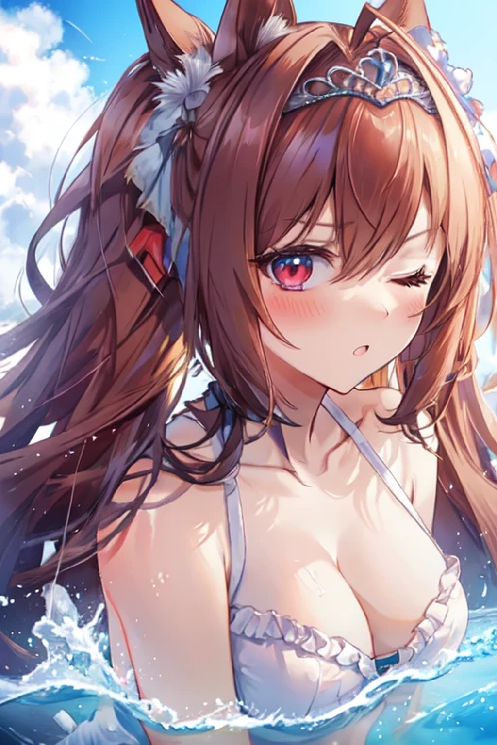 (((masterpiece, best quality, highres, UHD, perfect pixel, depth of field, 4k, retina, anatomically correct, textured skin, super detail, high details, high quality, award winning))), daiwa scarlet, 1girl, single, solo, beautiful anime girl, beautiful artstyle, anime character, v-shaped eyebrows, ;o, ((very long hair, bang, brown hair, twintails, tiara)), ((red eyes:1.2), one eye closed, rounded eyes, beautiful eyelashes, realistic eyes), (detailed face, blushing:1.2), (smooth texture:0.75, realistic texture:0.65, photorealistic:1.1, anime CG style), large breasts, (looking to viewer, cowboy shot), perfect body, (collarbone, white bikini, navel, side-tie bikini, (a sexy)), beach, ocean, blue sky, ((135mm, f/16):1.3), (vivid color:1.5),