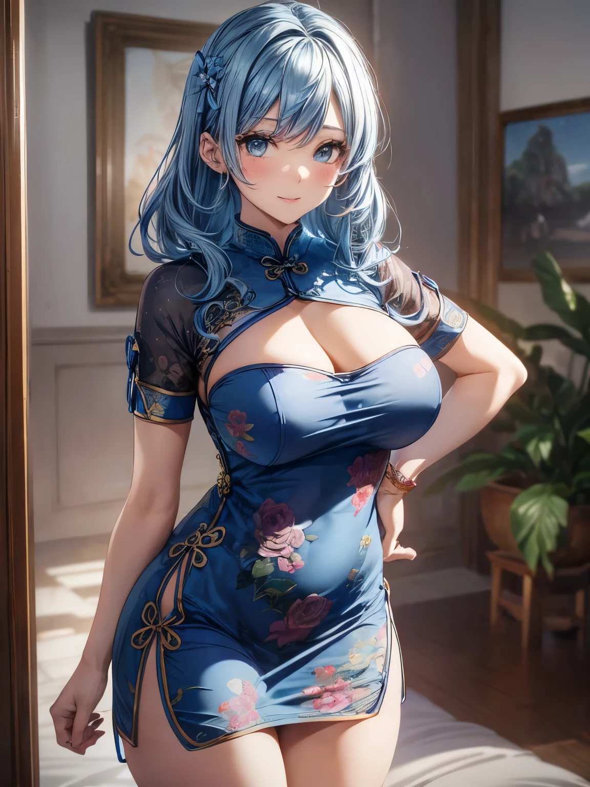 highest quality、All limbs、full finger、light blue hair woman、wavy hair woman、beautiful big breasted woman、Slender beauty、1 female、(((A woman wearing a blue short cheongsam dress:1.3))), golden pattern cheongsam、(((woman wearing brown pantyhose)))、big smile、hands on hips