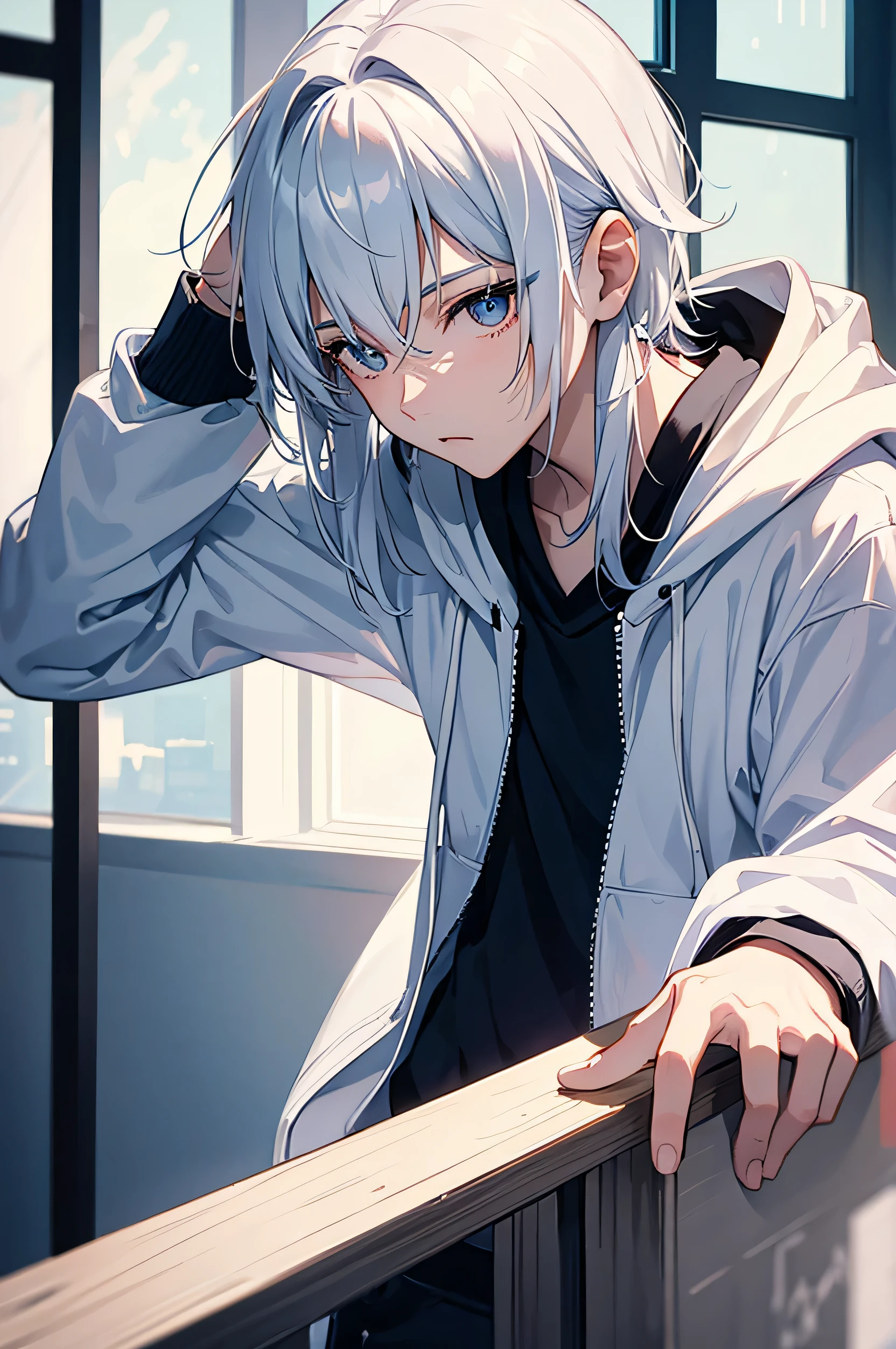 portrait of korean boy,solo,20yo,beautiful face, white hair, sharp focus, hoodie, looking out of a window