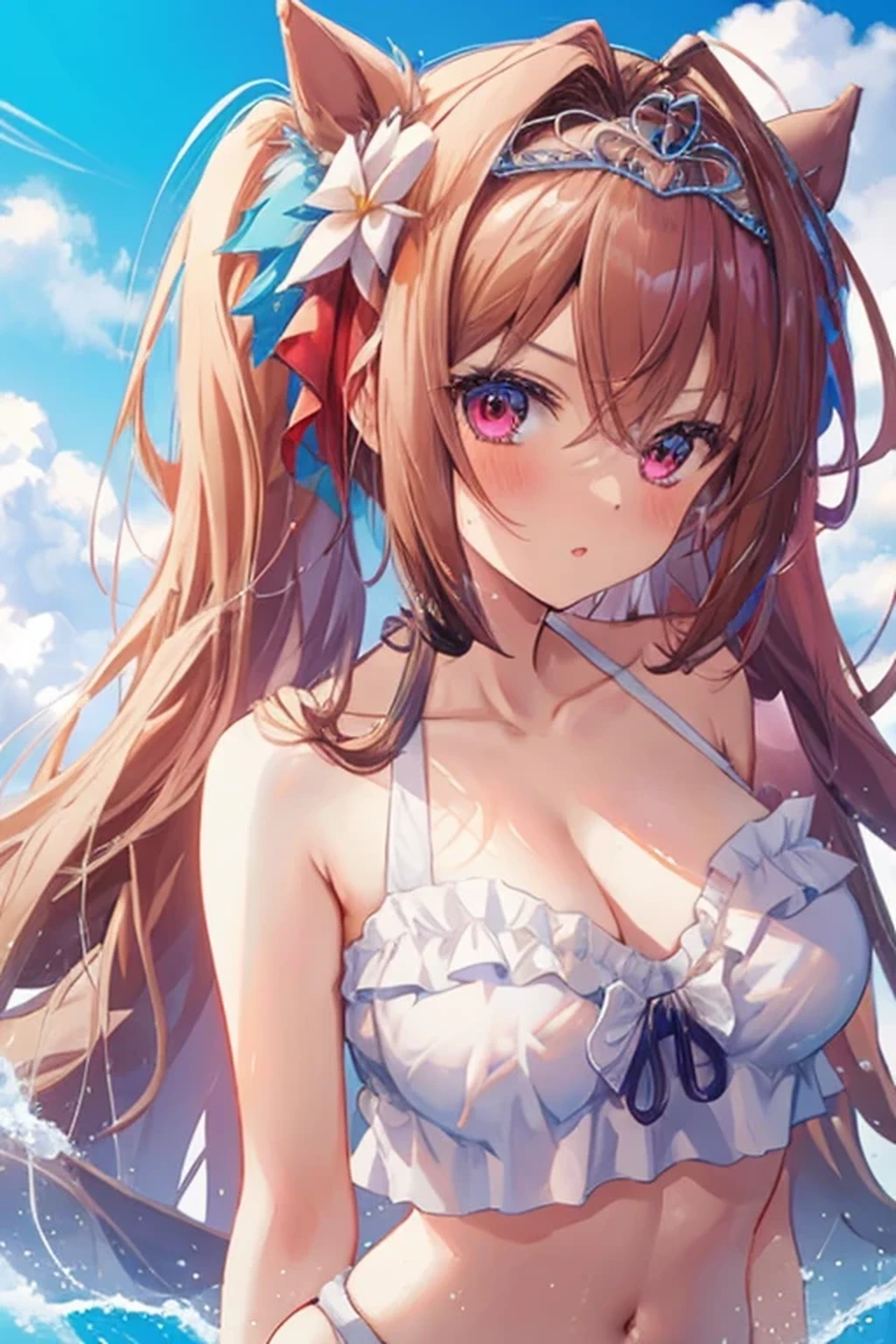 (((masterpiece, best quality, highres, UHD, perfect pixel, depth of field, 4k, retina, anatomically correct, textured skin, super detail, high details, high quality, award winning))), daiwa scarlet, 1girl, single, solo, beautiful anime girl, beautiful artstyle, anime character, v-shaped eyebrows, ;o, ((very long hair, bang, brown hair, twintails, tiara)), ((red eyes:1.2), rounded eyes, beautiful eyelashes, realistic eyes), (detailed face, blushing:1.2), (smooth texture:0.75, realistic texture:0.65, photorealistic:1.1, anime CG style), large breasts, (looking to viewer, cowboy shot), perfect body, (collarbone, white bikini, navel, side-tie bikini, (a sexy)),  beach, ocean, blue sky, ((135mm, f/16):1.3), (vivid color:1.5), 