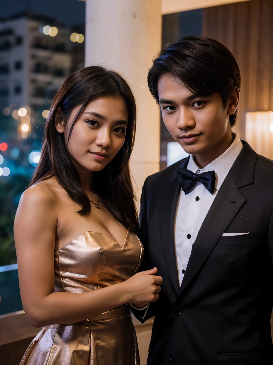 photo of a young couple from Indonesia in formal clothes taking a photo together at a at nighthotography, super detailed, realistic, ultra HD, 8K Resolution, facial details.