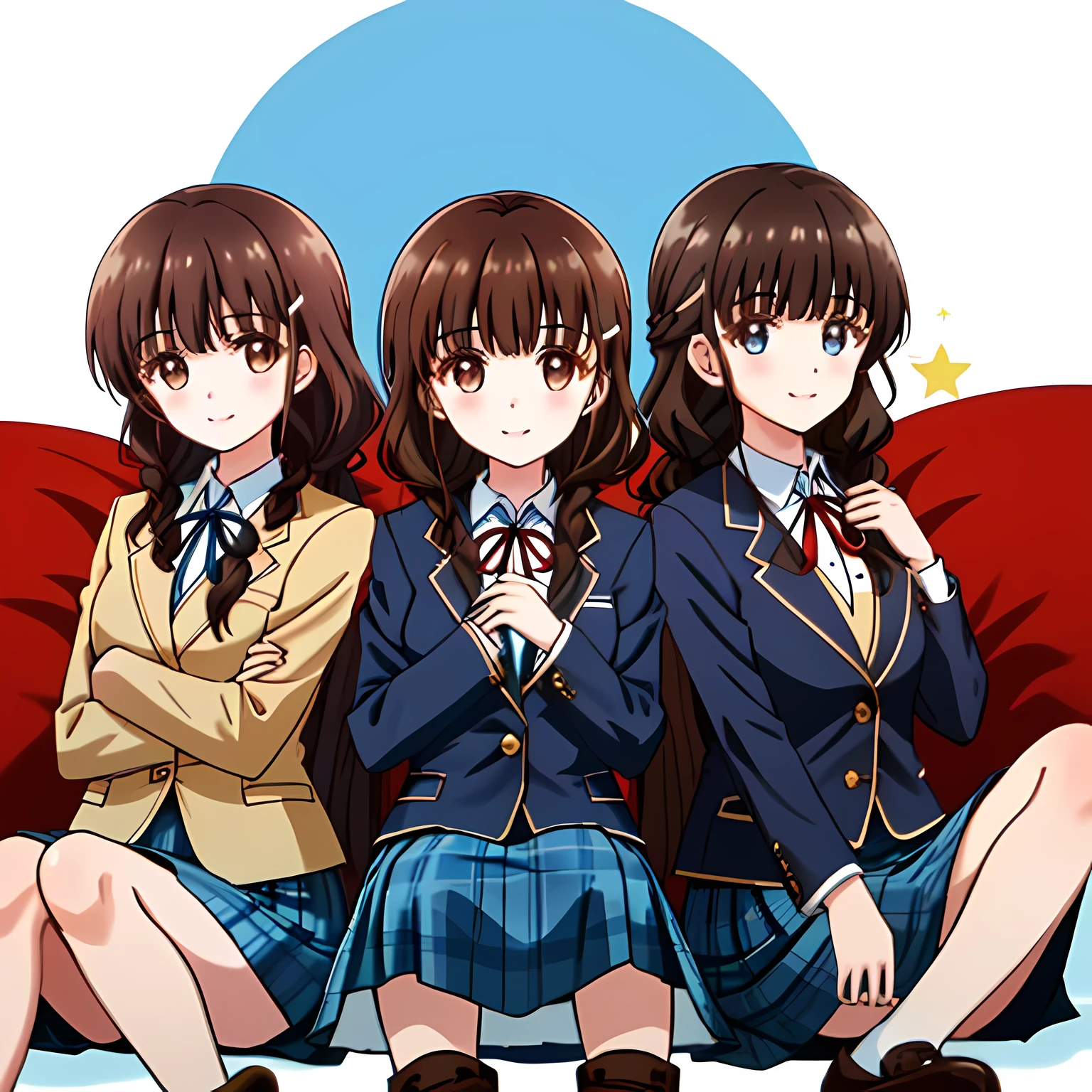 highest quality, (masterpiece:1.2), very detailed, Three girls sitting are looking at the viewer and smiling, Glossy lips that make you want to kiss, nice smile, big brown eyes, (((dark brown hair))), 15 years old, long braids, big shiny hair clip, school uniform, ((Light dark blue blazer with golden emblem on the left chest)), ((Big red school ribbon on the chest)), very shiny hair、laughter、bright look、Both face and hair catch the light and shine, The corners of the eyes are drooping, Cute braids, The expression of a maiden in love, (((Every girl has a twin braid hairstyle))), ((((Dark blue and navy tartan check mid-length skirt)))), A gentle and cute expression staring at the viewer, double eyelid, ((long eyelashes)), pure white background, round face, the skirt is very cute, brown leather shoes