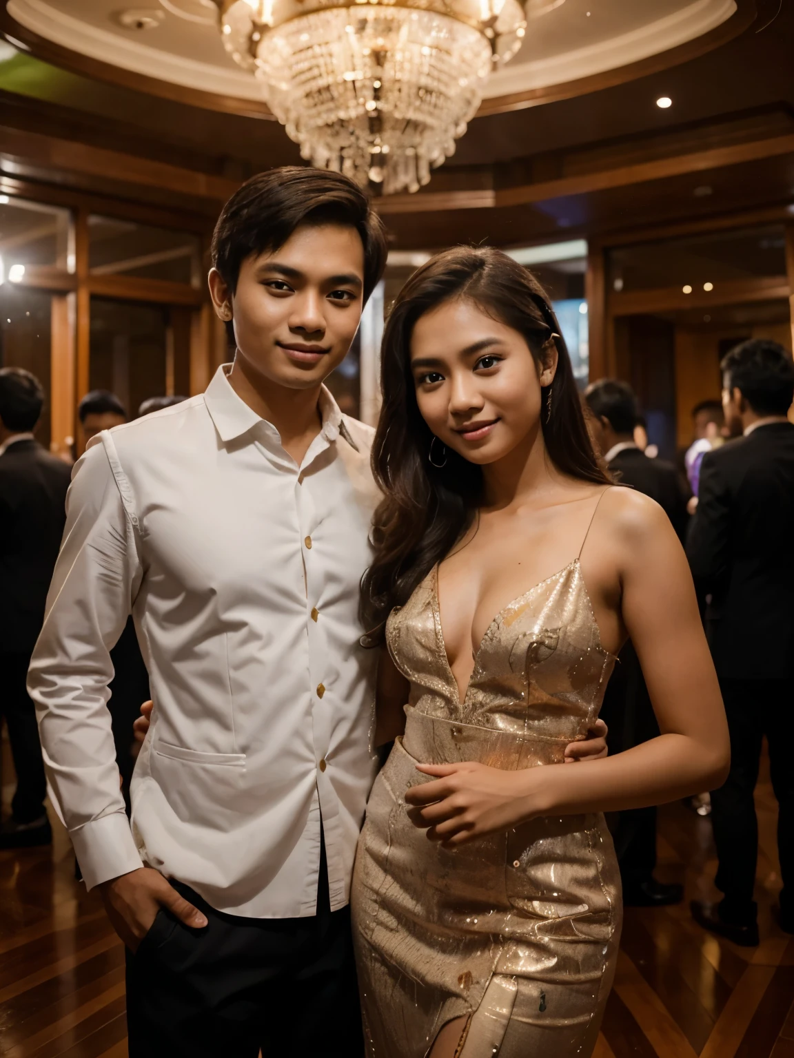 photo of a young couple from Indonesia in formal clothes taking a photo together at a party at night. photography, super detailed, realistic, ultra HD, 8K Resolution, facial details.