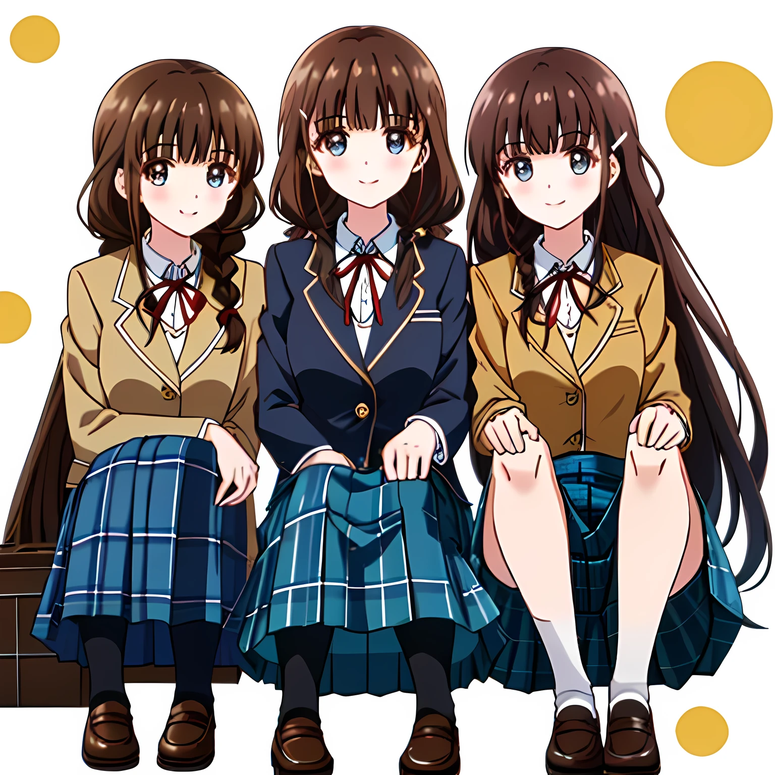 highest quality, (masterpiece:1.2), very detailed, Three girls sitting are looking at the viewer and smiling, Glossy lips that make you want to kiss, nice smile, big brown eyes, (((dark brown hair))), 15 years old, long braids, big shiny hair clip, school uniform, ((Light dark blue blazer with golden emblem on the left chest)), ((Big red school ribbon on the chest)), very shiny hair、laughter、bright look、Both face and hair catch the light and shine, The corners of the eyes are drooping, Cute braids, The expression of a maiden in love, (((Every girl has a twin braid hairstyle))), ((((Dark blue and navy tartan check mid-length skirt)))), A gentle and cute expression staring at the viewer, double eyelid, ((long eyelashes)), pure white background, round face, the skirt is very cute, brown leather shoes