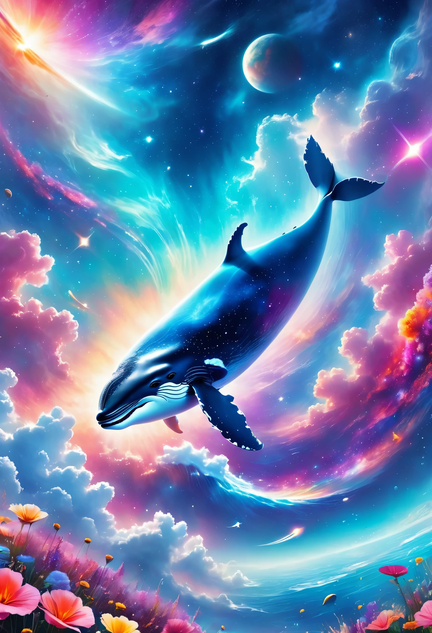 Infinite Dreamlike Illustration of a Gigantic Translucent Whale Gliding through the Vast Expanse of Space, Surrounded by a Nebula Galaxy and a Beautiful Asteroid Belt. (best quality,4k,8k,highres,masterpiece:1.2),ultra-detailed,(realistic,photorealistic,photo-realistic:1.37), ethereal lighting, vibrant colors, celestial creatures, glowing body, ethereal atmosphere, graceful movement, serene and peaceful.Flower face