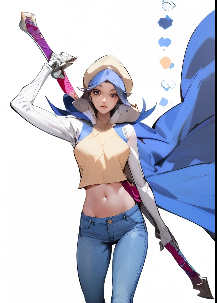 portrait of a woman,Beautiful figure,wearing a hat,The action of drawing a sword from behind,Blue by Capelet,4k,best quality,More refined light and shadow,Abdomen carving,jeans,Warm colors,Wear a vest,exposed belly,exposed waist,Body display