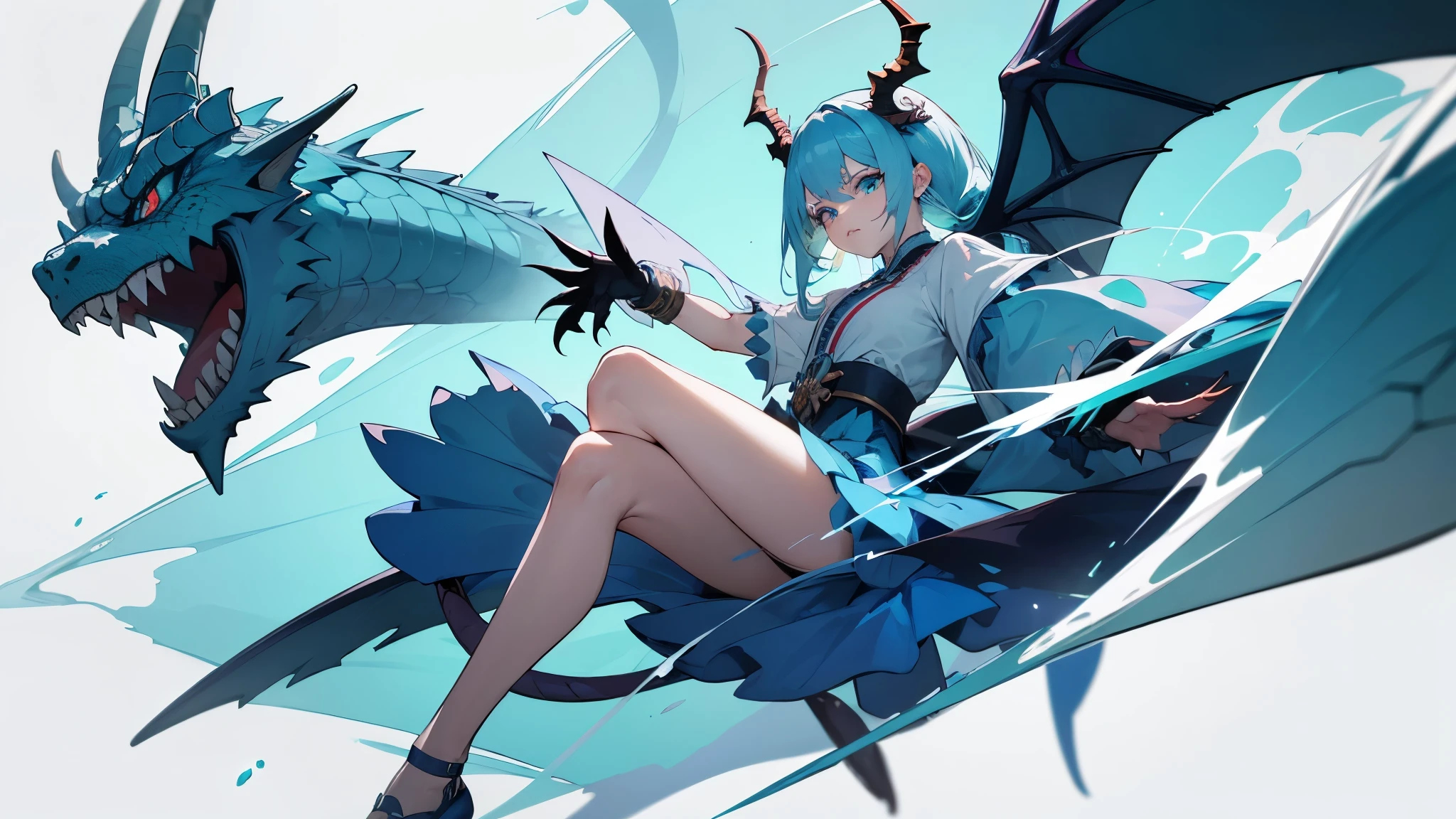 （a masterpiece，Top Quality，Bestquality，offical art，Beauty and aesthetics：1.2），（1 woman：1.3 pcs），（fractal art：1.3 pcs），Vibrant aqua blue eyeedium hair with tassels，full entire body，white shoes，backdrop, blue scales, blue wings, dragon horns, angry, dragonoid, sharp claws, mythological creature,dragon ear, eerie aura, necrotic scales, dragon woman