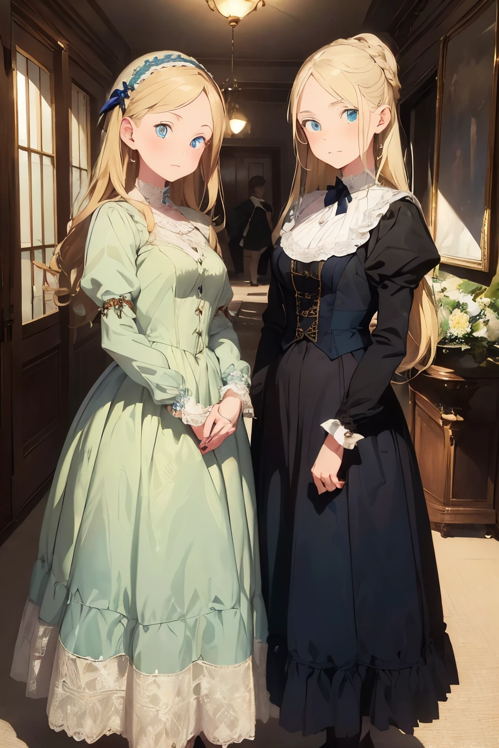 realistic photo of two girls, (Virginia Otis, 15 years old (blonde hair, blue eyes)) posing with (Georgie Gerald, 16 years old (blonde hair, green eyes)). Victorian style. thin and cute face, they walk at night in a ballroom during an aristocracy reception. Sumptuous clothes and jewels. Victorian age.