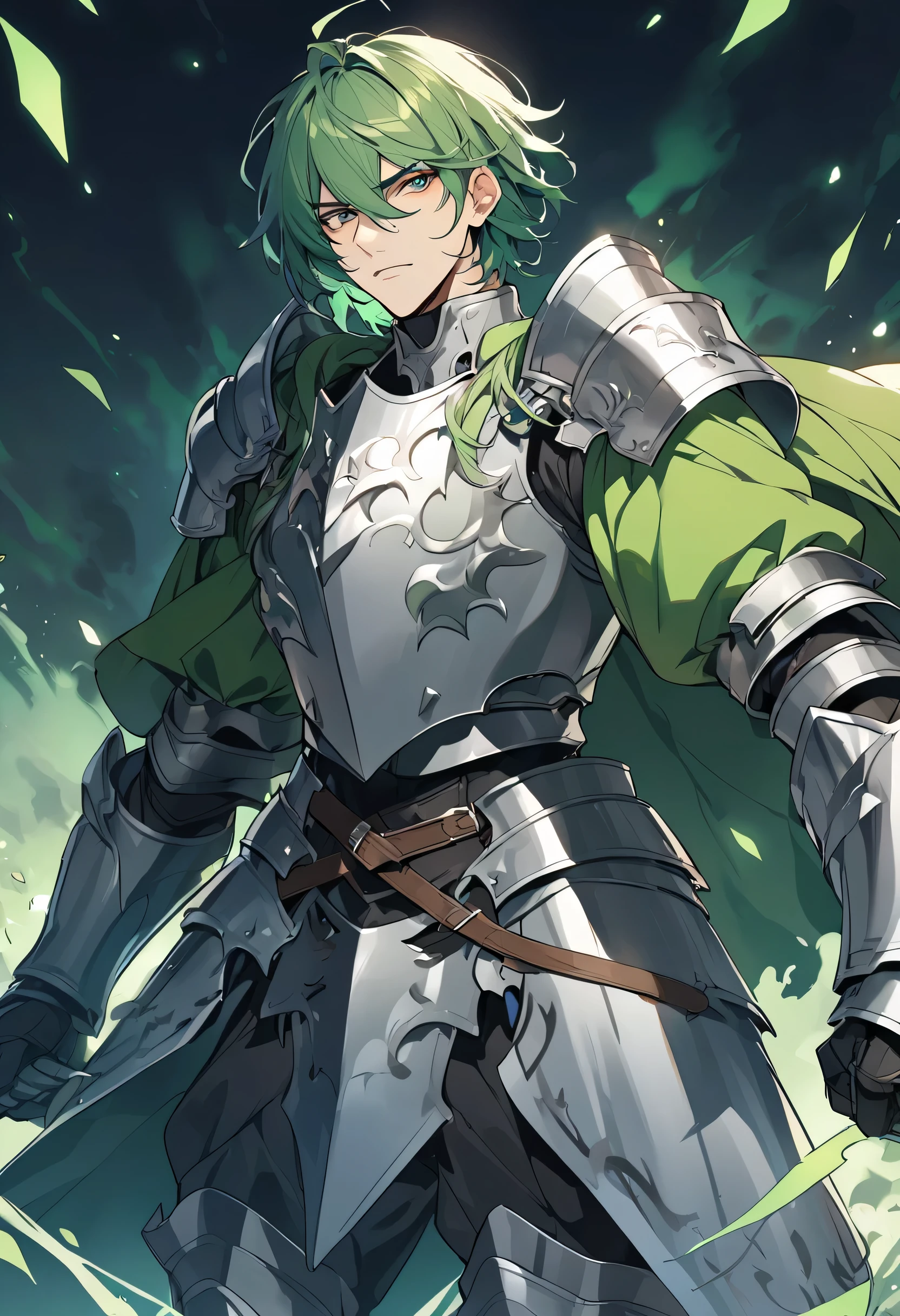 knight, male, armor, green hair, strong