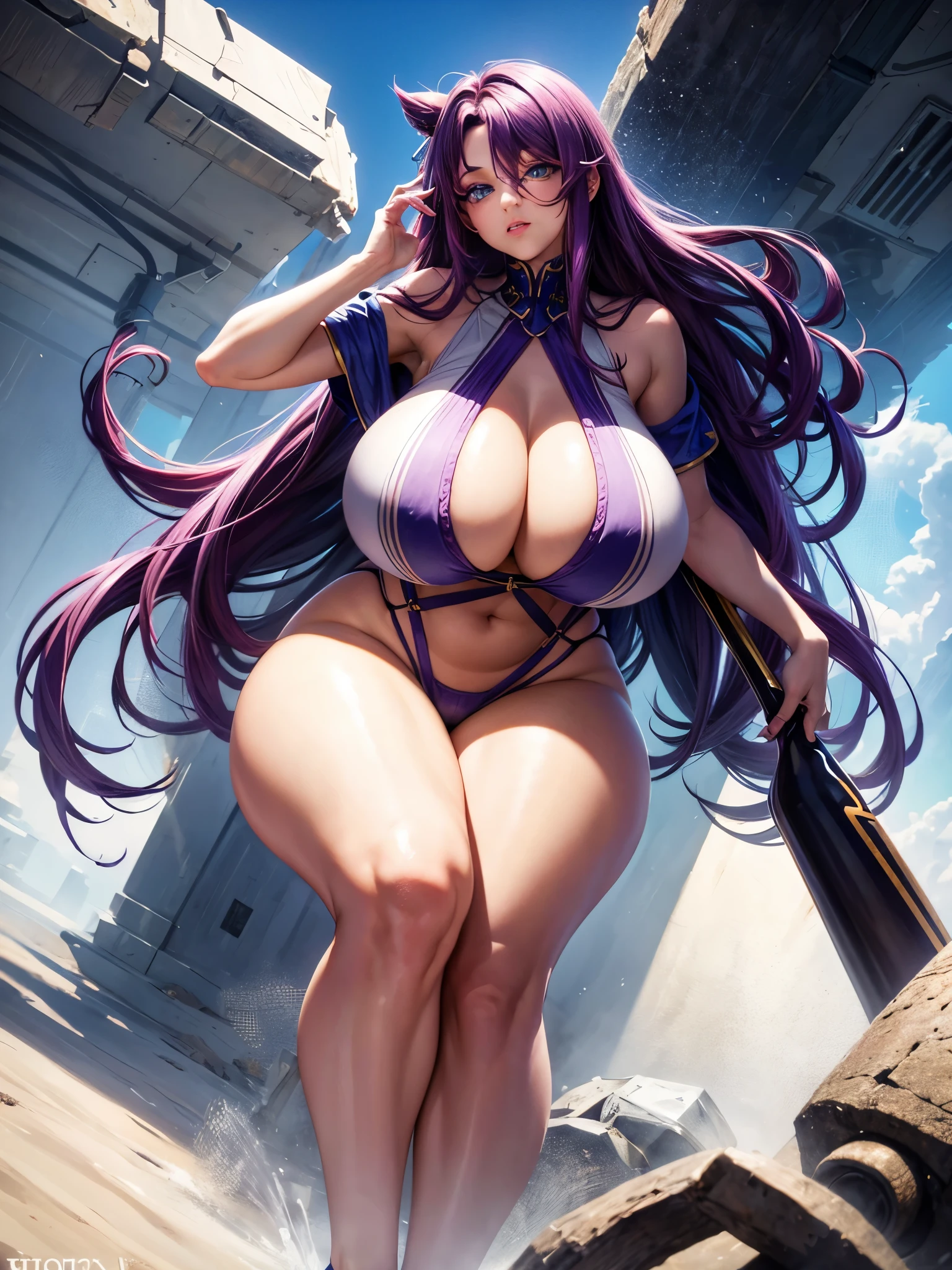 1 girl, red-purple hair, very long hair, violet eyes, beautiful eyes, big eyes, big lips, glossy lips, very curvy body, big breasts, long legs, big butt, wide hips, thick thights, defined image, seductive gaze