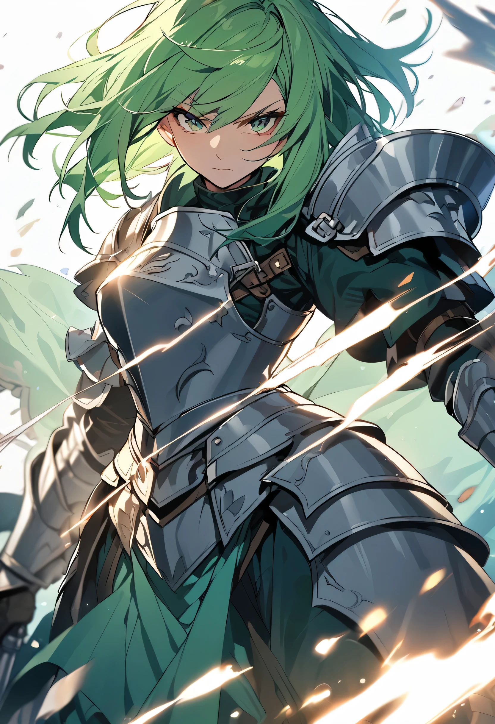 knight, female, armor, green hair, strong