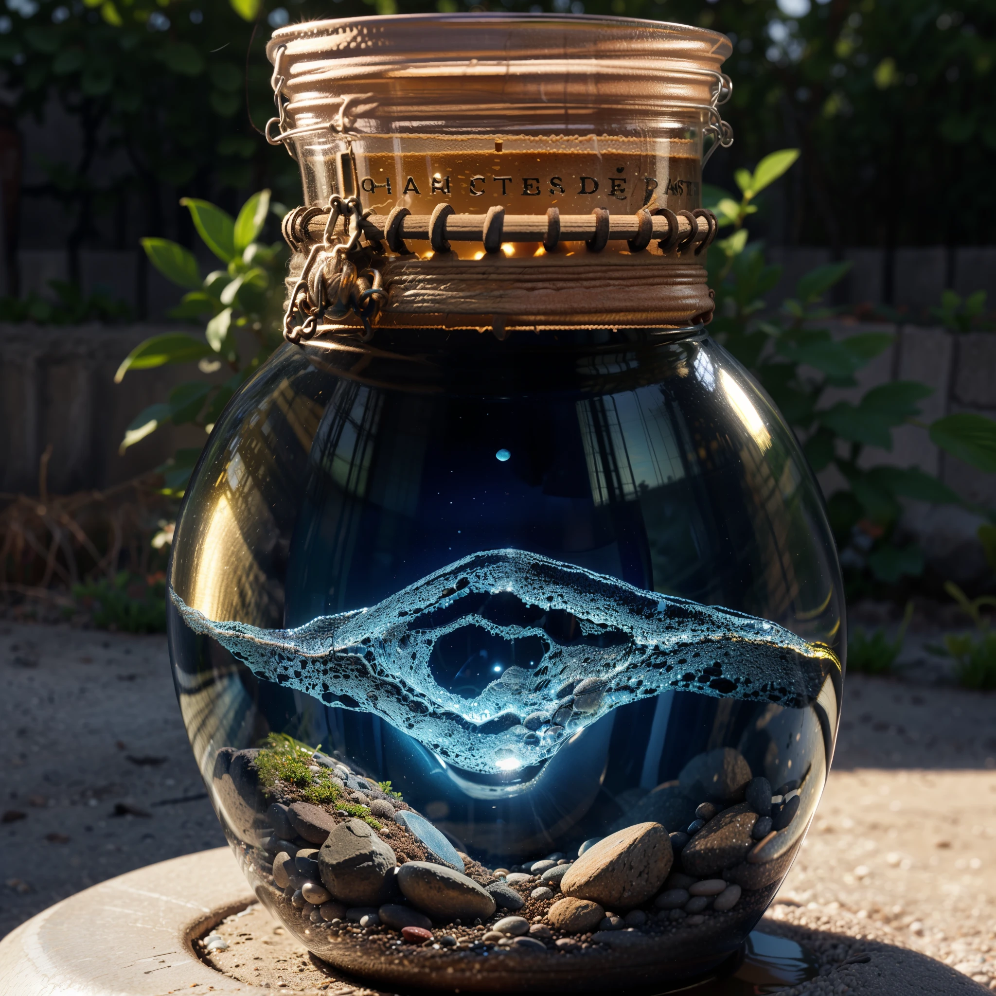 phgls, /bottle, in container, (masterpiece:1.6, best quality), (An intricate micro-Earth trapped in a bottle), photorealistic Masterpiece, Best Quality photo, paparazzi shot of a bottle containing Earth.