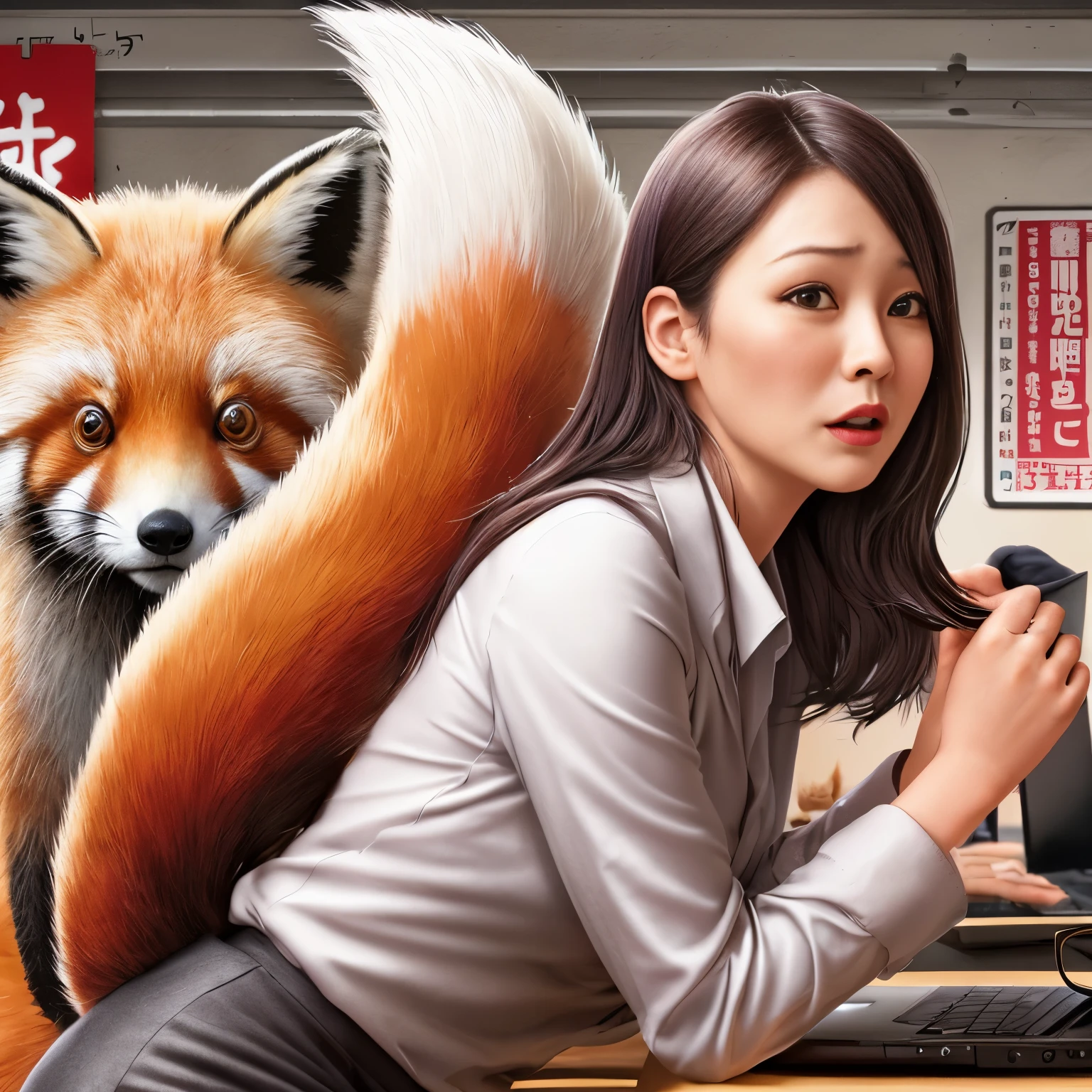 A woman with a fox tail sitting in front of a laptop,  fox girl, beautiful fox woman,  fox and bush, Kitsune, Super realistic,  Red Panda in Propaganda Poster, Kitsune- tailed fox, photograph, highest quality, crying face