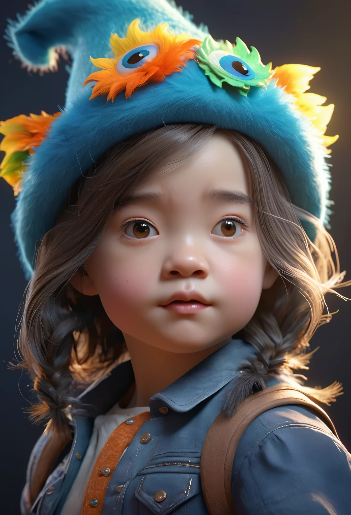 A girl with shoulder-length hair, androgynous appearance, petite stature, dressed like a dwarf, wearing a cute monster-shaped hat. (best quality,4k,8k,highres,masterpiece:1.2),ultra-detailed,(realistic,photorealistic,photo-realistic:1.37),illustration,extraordinary level of detail, bright colors, soft lighting