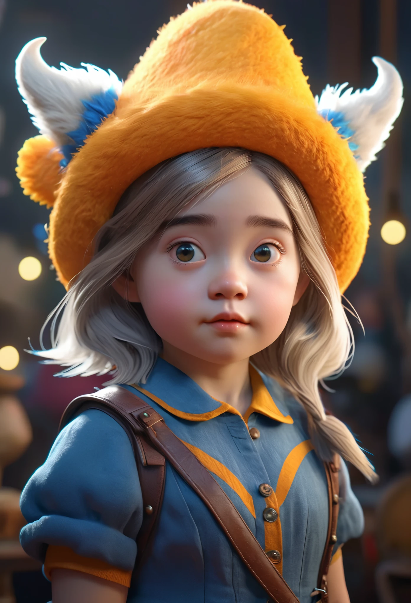 A girl with shoulder-length hair, androgynous appearance, petite stature, dressed like a dwarf, wearing a cute monster-shaped hat. (best quality,4k,8k,highres,masterpiece:1.2),ultra-detailed,(realistic,photorealistic,photo-realistic:1.37),illustration,extraordinary level of detail, bright colors, soft lighting