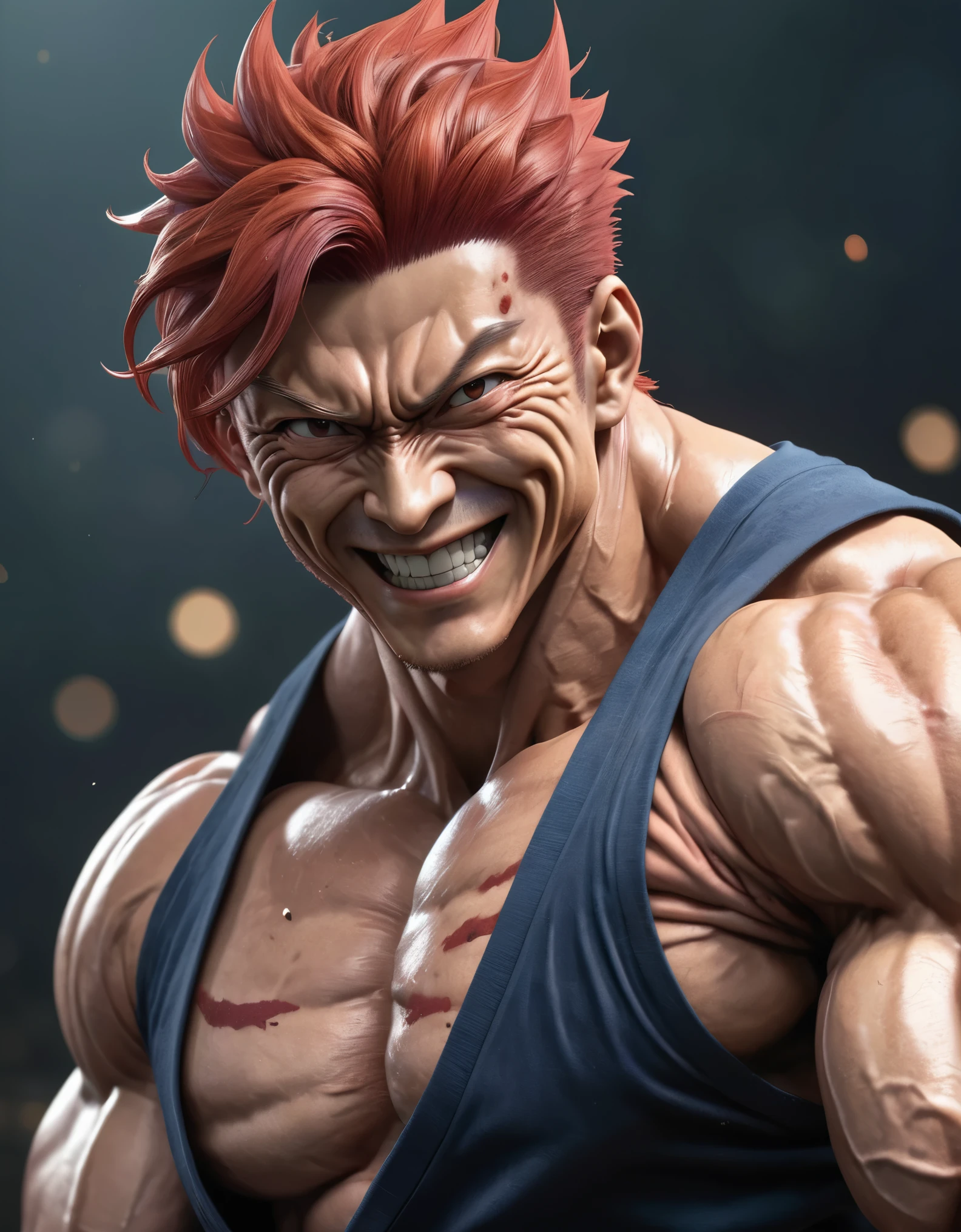 "(best quality,8K,ultra-detailed,realistic:1.2),portrait,Yujiro Hanma,serene smile,detailed red hair,muscular body,tough expression,intimidating presence,powerful stance,showcasing his immense strength"