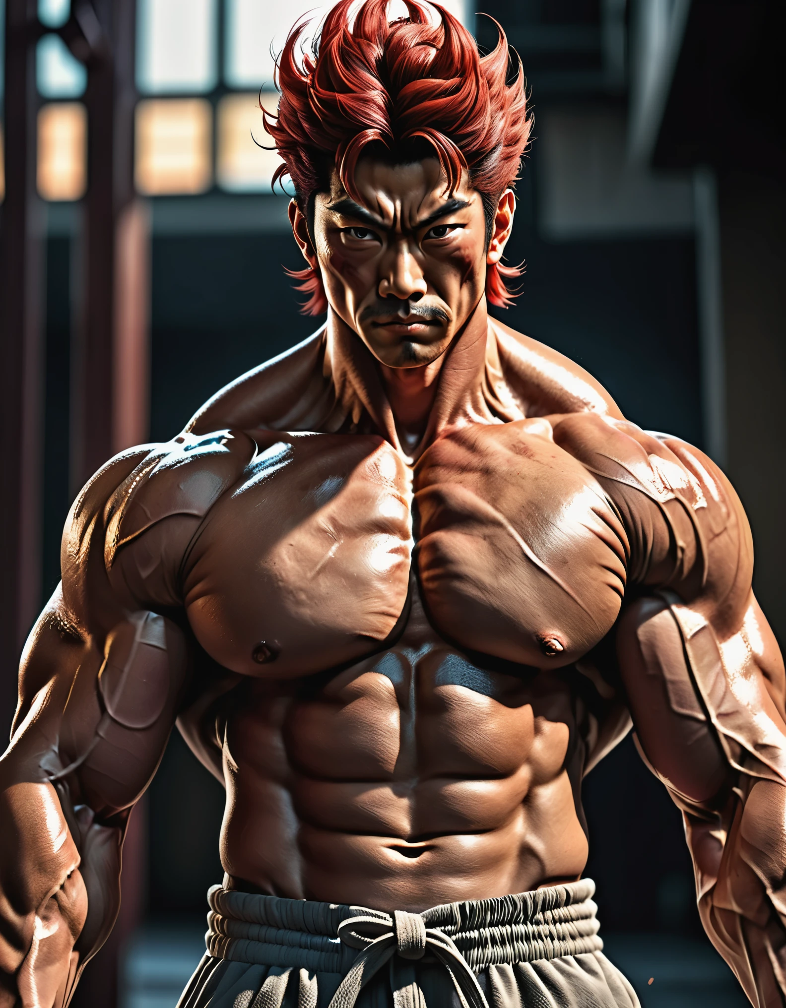 "(best quality, 8K, ultra-detailed, realistic:1.2), portrait, Yujiro Hanma, muscular, serene, smiling, detailed, red hair, tough, intimidating, powerful, showcasing his strength, traditional Japanese tattoo, piercing gaze, muscular physique, bulging veins, strong jawline, chiseled features, focused expression, clenched fists, broad shoulders, defined chest muscles, glistening sweat, intense gaze, confident stance, dominant presence, sunlight illuminating his face, shadows accentuating his muscles, striking contrast between light and dark, dramatic lighting, intense color saturation, atmospheric background, dynamic composition, fierce determination, raw power, extraordinary physicality, captivating charisma, rugged masculinity, compelling portrait of Yujiro Hanma as the epitome of strength and power."