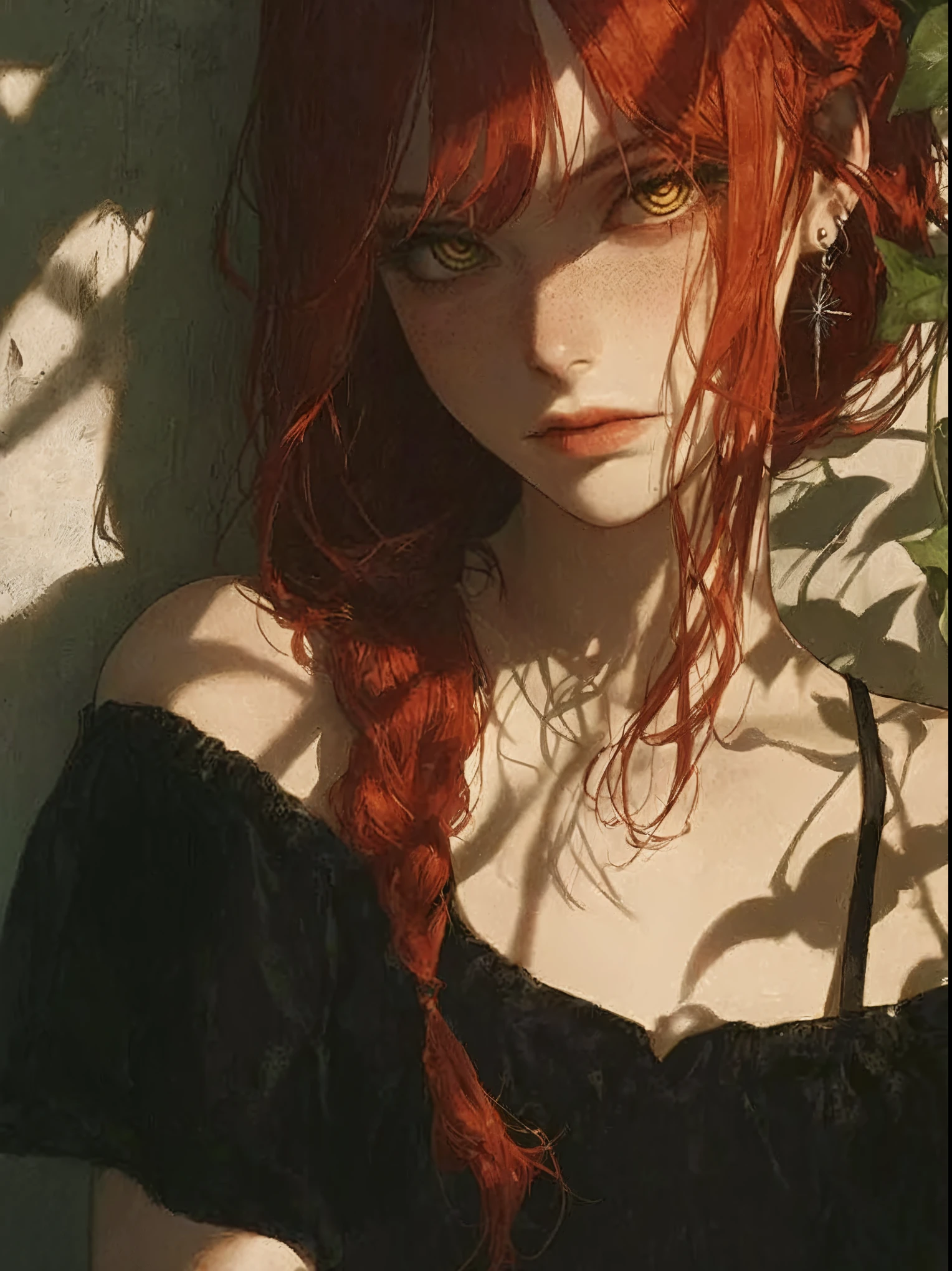 there is a woman with red hair and a black dress, beau portrait animé, oeuvre d&#39;art dans le style de guweiz, aux cheveux roux et aux yeux verts, superbe portrait de visage d&#39;anime, guweiz, Detailed portrait of&#39;une fille animée, style artistique d&#39;realistic anime, animated realism, Art d&#39;detailed digital anime, belle fille animée, animated realism style, realistic animated art style