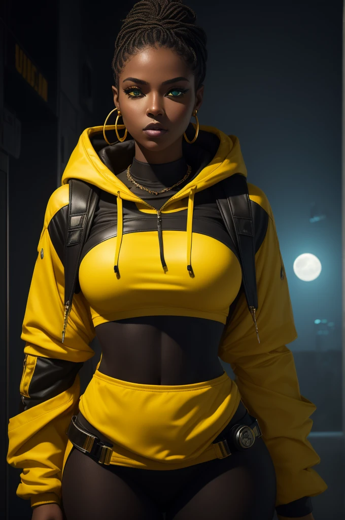 RAW, Masterpiece, Super Fine Photo, Ultra High Resolution, Photorealistic, Sunlight, Full Body Portrait, Stunningly Beautiful, Dynamic Poses, Delicate Face, Vibrant Eyes, solo, deep ebony 1girl, black girl, beautiful face, {{ braided hair / curly afro hair}}, black lips, a female character is wearing a yellow and black colored outfit with a backpack and a yellow hoodie jacket, black, yellow and white sports leisure, yellow futuristic smart goggles, clear lens, green eyes, long hair, diamond earrings, cybernetically enhanced, medium breasts, she is standing in front of spaceships and satellites, starry night sky, pigeoncore, neo-dadaist, Asuka Langley, neon genesis EVA suit, mechanized precision, space crew member, she holds an important position, in crowd spectator at a tech conference in the style of mecha sci-fi anime, 8k, best quality, highres, Unreal Engine:1.4,Ultra-realistic 64K CG, Photorealista:1.4, Skin Texture:1.4, Volumetric fog, 8k uhd, dslr, high quality, film grain, fair skin, photorealism, lomography, sprawling metropolis in a futuristic dystopia, view from below, translucent