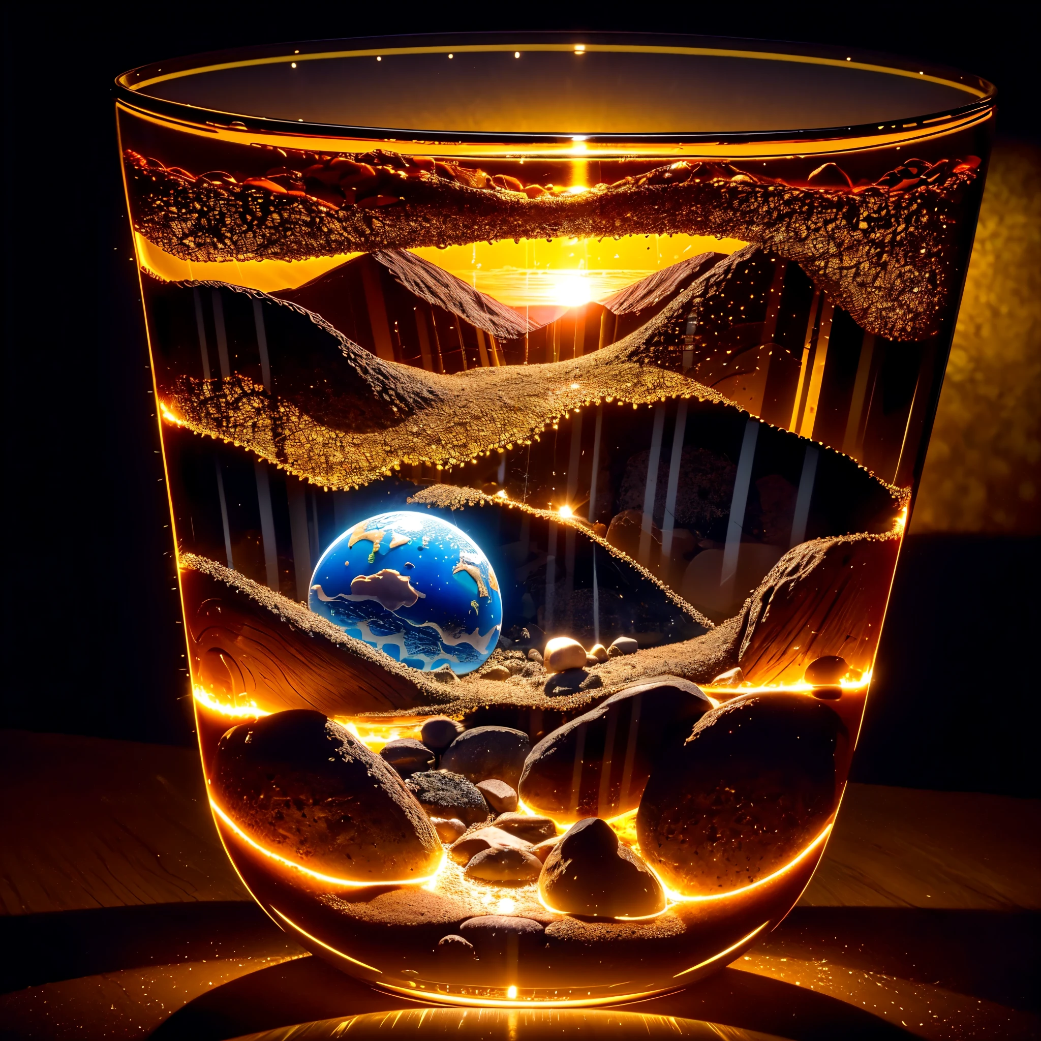 phgls, cup, in container, (An intricate miniworld trapped in a glass cup), (micro-Earth trapped in a glass cup), atmospheric natural lighting, on a wooden desk, 4k UHD, light vibes, hyper detailed, vibrant colours clear sky background, epic composition, octane render, sharp focus, high resolution isometric, closeup view.