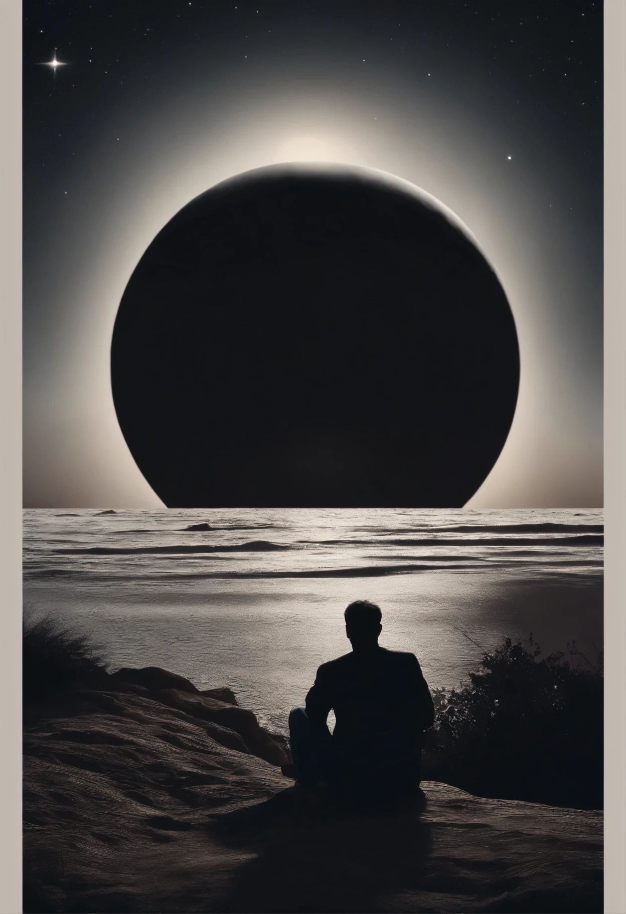A man sits crying and looks at the moon in a sad mood.