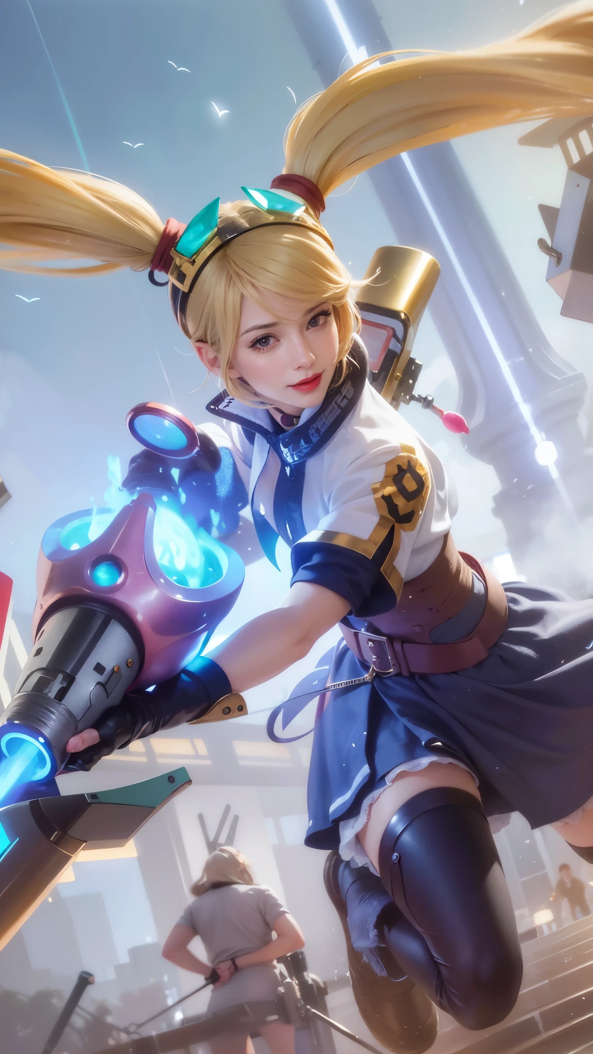 (female:1.2), 8k, ultra hd, ultra detailed texture, hyper realistic, masterpiece, detailed texture, detailed face, detailed skin, detailed lighting, (photorealistic:1.5), best quality, beautiful lighting, cinematic lighting, professional lighting, ultra highres, realistic, detailed hair, real hair, high quality, (realskin:1.5), extremely detailed, finely detail, ultra-detailed, 1girl, close-up shot of a woman with a gun in her hand, smile, cute face, red lips glossy, looking at viewer