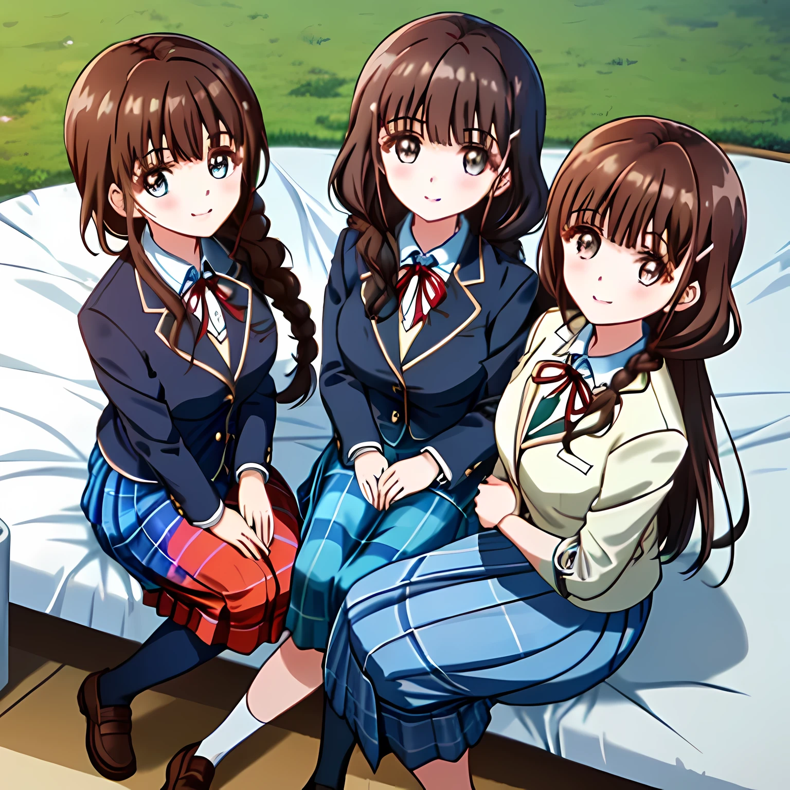 highest quality, (masterpiece:1.2), very detailed, Three girls sitting are looking at the viewer and smiling, Glossy lips that make you want to kiss, nice smile, big brown eyes, (((dark brown hair))), , long braids, big shiny hair clip, school uniform, ((Light dark blue blazer with golden emblem on the left chest)), ((Big red school ribbon on the chest)), very shiny hair、laughter、bright look、Both face and hair catch the light and shine, The corners of the eyes are drooping, Cute braids, The expression of a maiden in love, (((All girls have twin braid hairstyle))), ((((dark blue & Deep navy tartan check middle long skirt)))), A gentle and cute expression staring at the viewer, double eyelid, ((long eyelashes)), School Gymnasium Warehouse, round face, the skirt is very cute, brown leather shoes, sitting on the pink bed, ((shot from above))