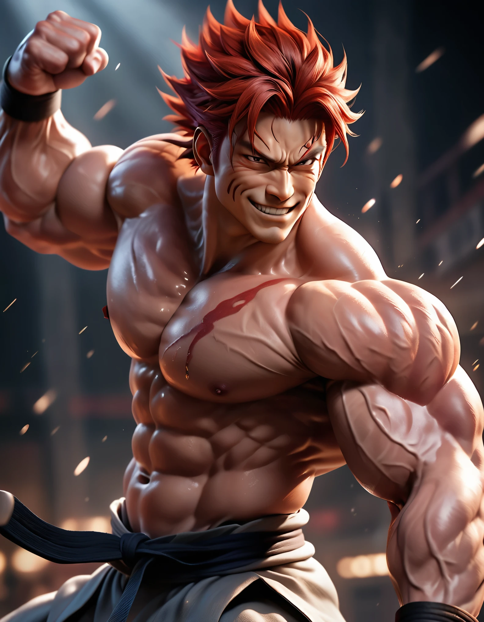 "(best quality, 8K, ultra-detailed, realistic:1.2), portrait, Yujiro Hanma, muscular, serene, smiling, detailed, red hair, tough, intimidating, powerful, showcasing his strength, focused gaze, chiseled facial features, striking cheekbones, defined jawline, heroic pose, bulging muscles, sweat glistening on his forehead, veins protruding, shadows accentuating his physique, dramatic lighting, intense expression, background with hints of a martial arts dojo, vibrant colors, dynamic composition"