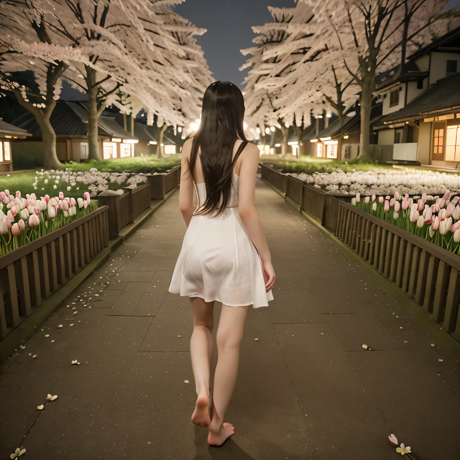 Girl 18 years old, white dress, long hair, runing, view from behind, sakura forest, tulip, at night, bare foot.